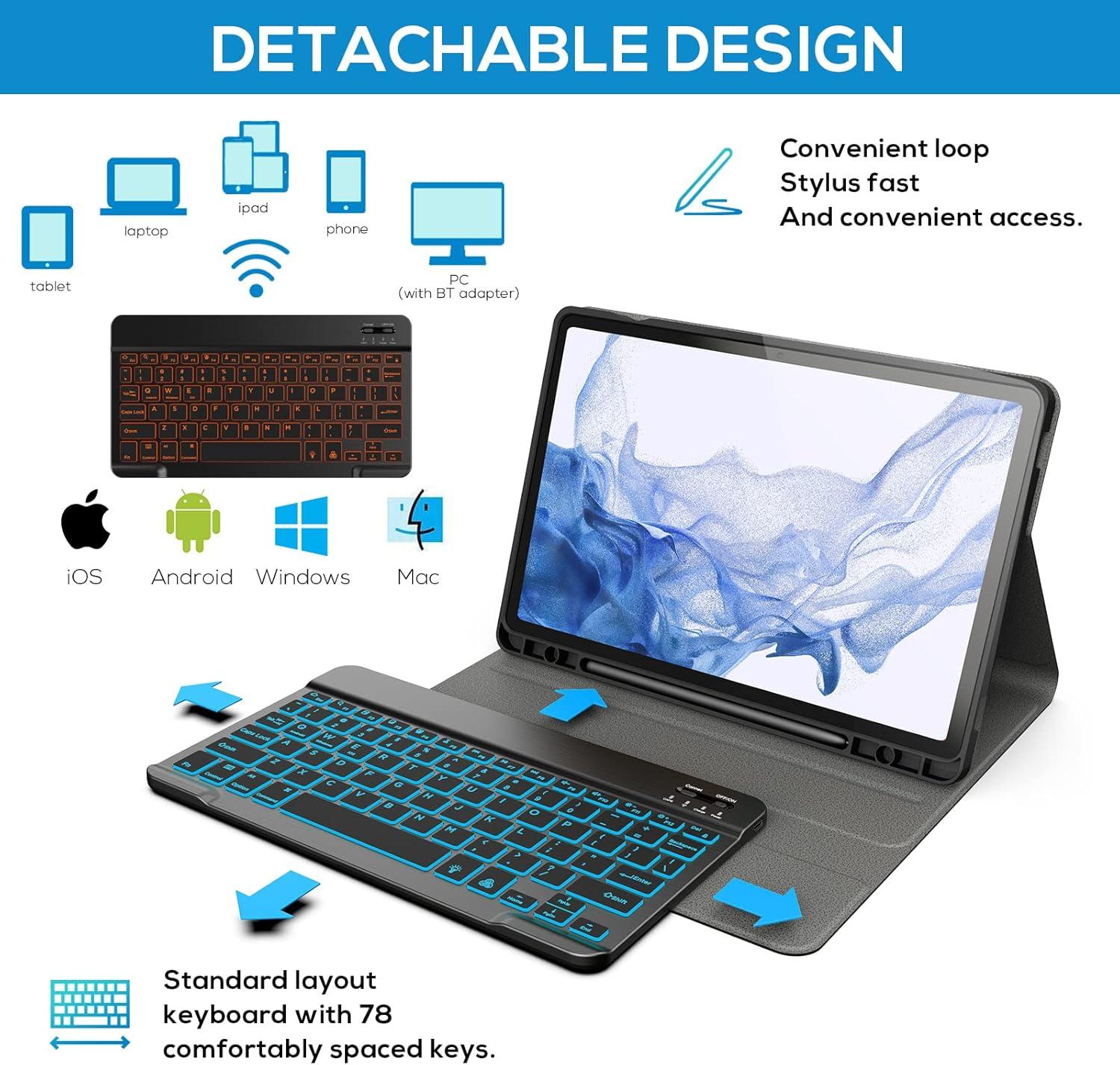 image:imagetypecase Keyboard Case for Samsung Tab S8Tab S7 11 inch SMX700X706T870T875T878 Slim Leather Folio Stand Cover 7 Colors Backlit Wireless Detachable Keyboard with S Pen Holder Black