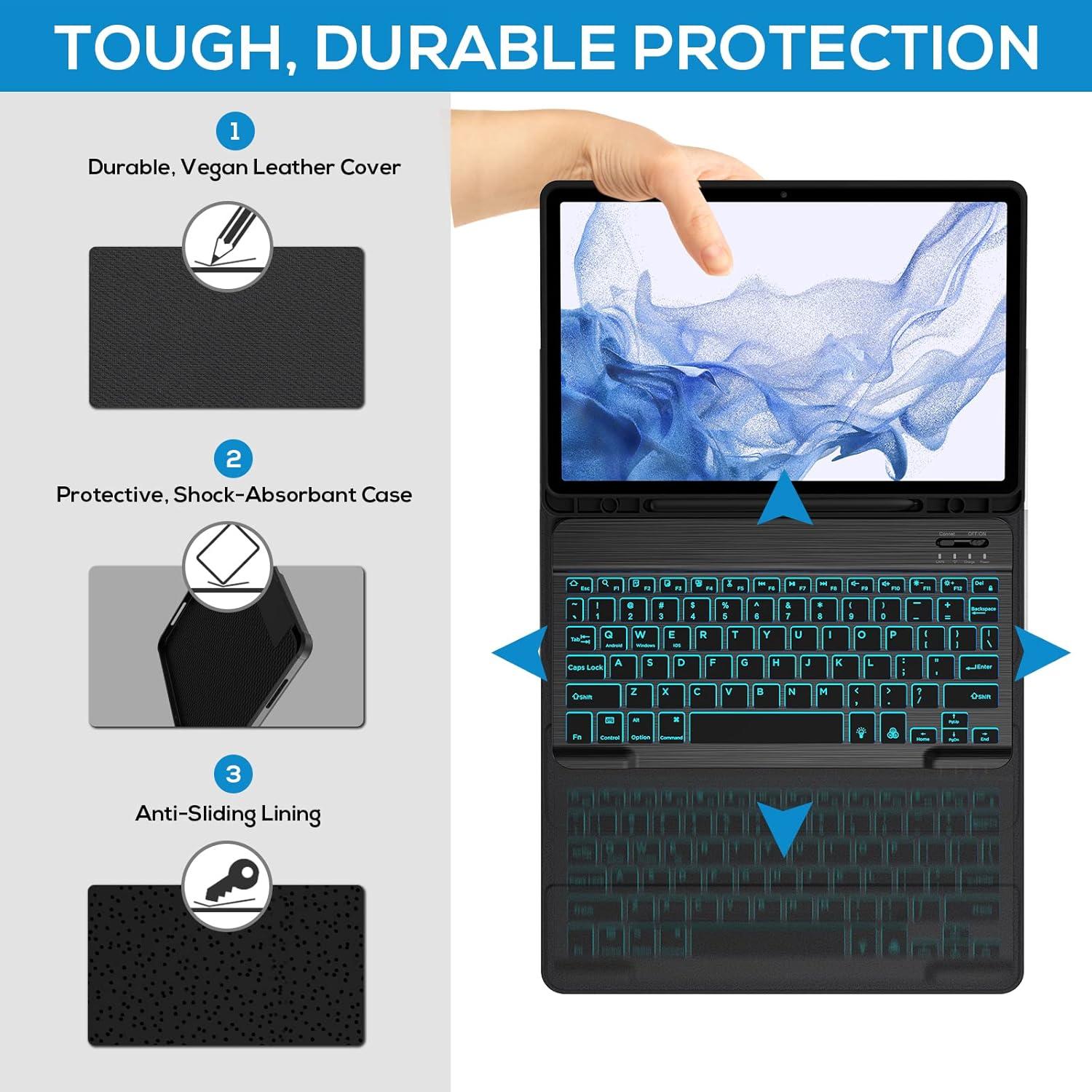 image:imagetypecase Keyboard Case for Samsung Tab S8Tab S7 11 inch SMX700X706T870T875T878 Slim Leather Folio Stand Cover 7 Colors Backlit Wireless Detachable Keyboard with S Pen Holder Black