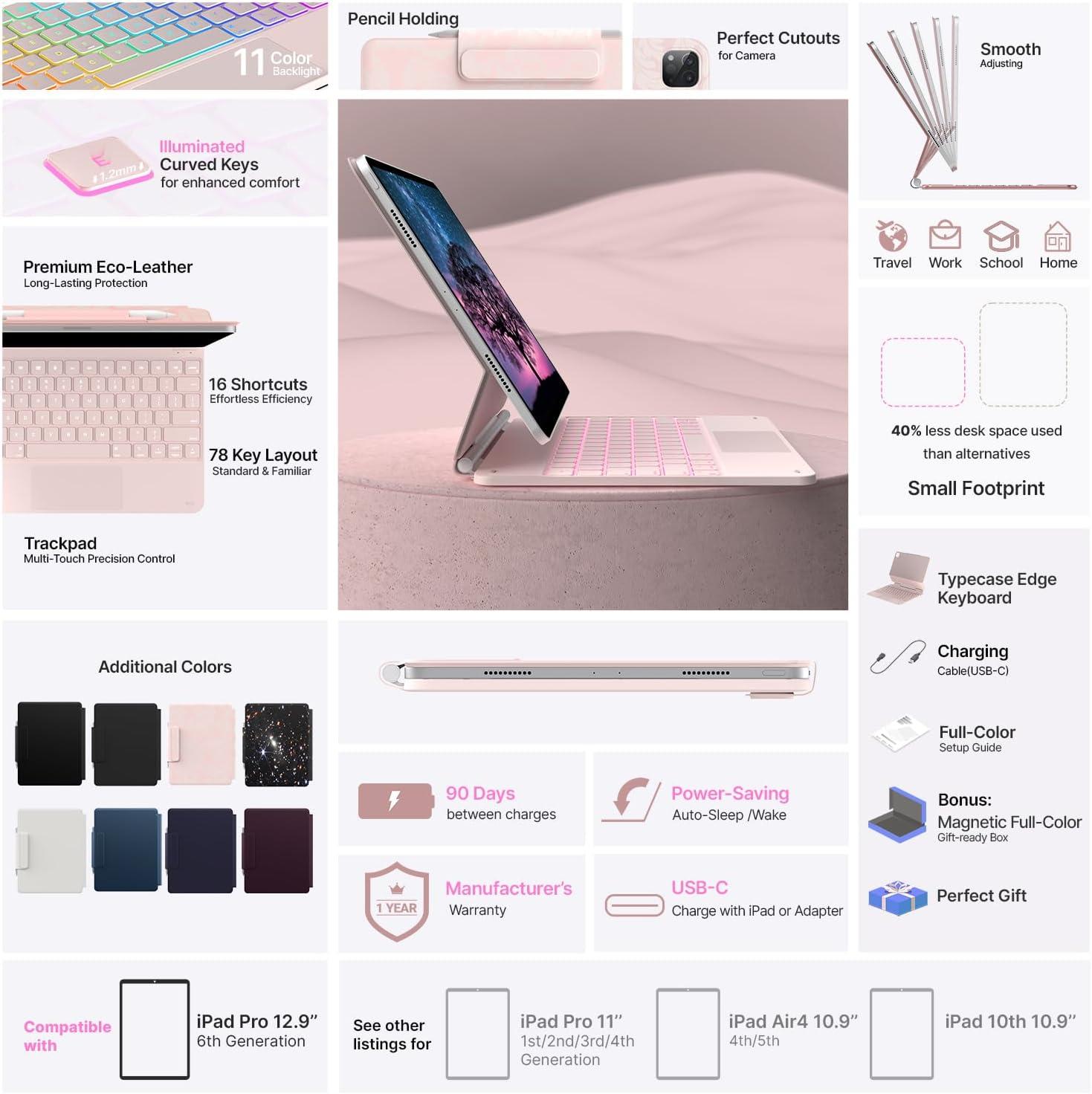 image:imagetypecase Keyboard Case for iPad Air 13M3 2025  M2 2024 and iPad Pro 1296th5th4th3rd GenMagic Keyboard with 11Colors BacklightBuiltin TrackpadFunction RowPencil HolderLight Royal Pink