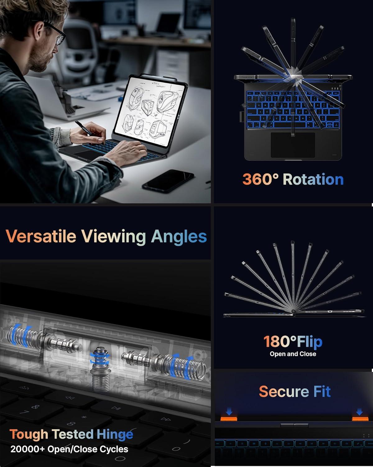 image:imagetypecase Keyboard Case for iPad Air 13inch MultiTouch Trackpad  360 Rotatable  11Colors Backlit  Wireless Cover with Pencil Holder for iPad Air 13 M3 205M2 2024  Dark BlackDark Black