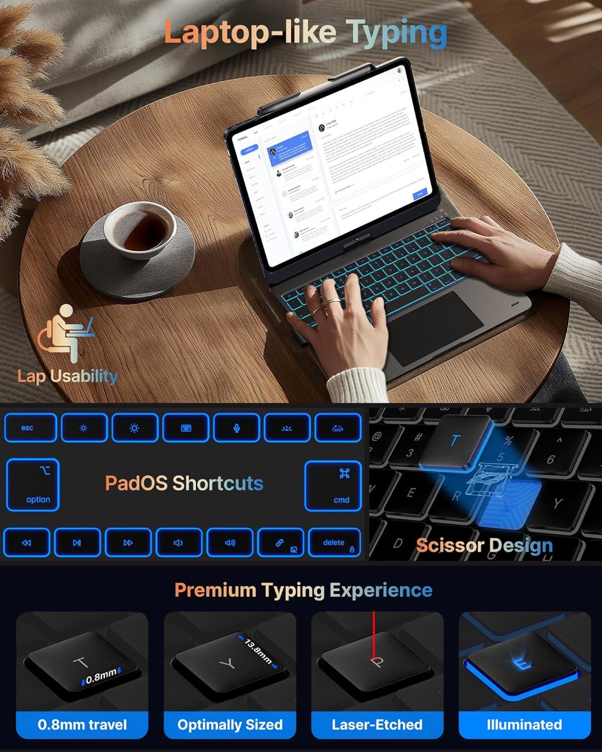 image:imagetypecase Keyboard Case for iPad Air 13inch MultiTouch Trackpad  360 Rotatable  11Colors Backlit  Wireless Cover with Pencil Holder for iPad Air 13 M3 205M2 2024  Dark BlackDark Black