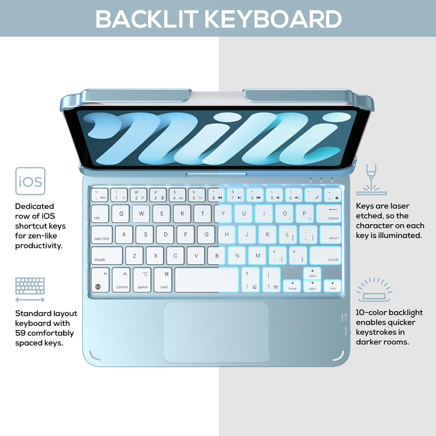 image:imagetypecase Keyboard Case for iPad mini 7 2024 amp Mini 6 2021  Wireless Case with Keyboard for iPad mini 7th 6th Generation 83  11 Colors Backlit Keyboard Cover with Trackpad  BlackLight Blue