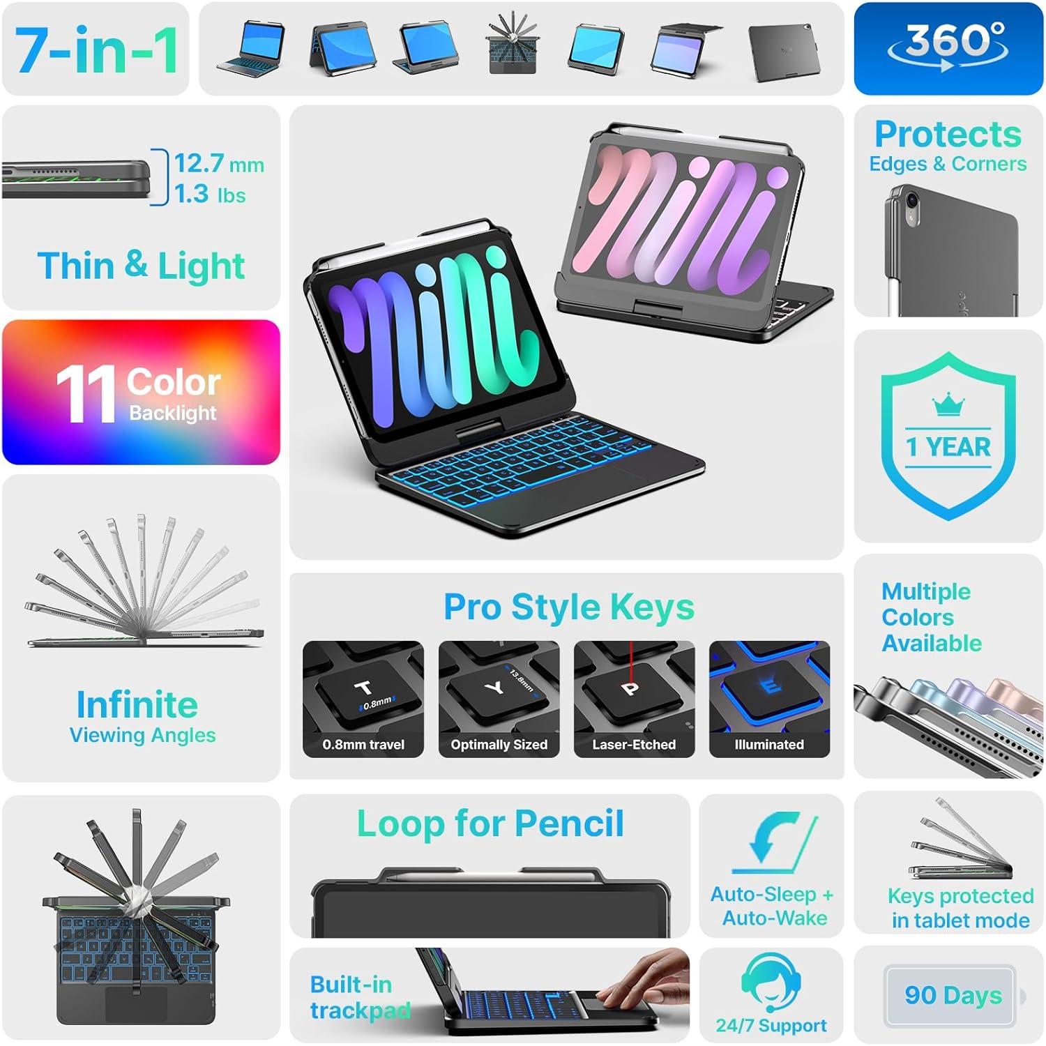 image:imagetypecase Keyboard Case for iPad mini 7 2024 amp Mini 6 2021  Wireless Case with Keyboard for iPad mini 7th 6th Generation 83  11 Colors Backlit Keyboard Cover with Trackpad  BlackDark Gray