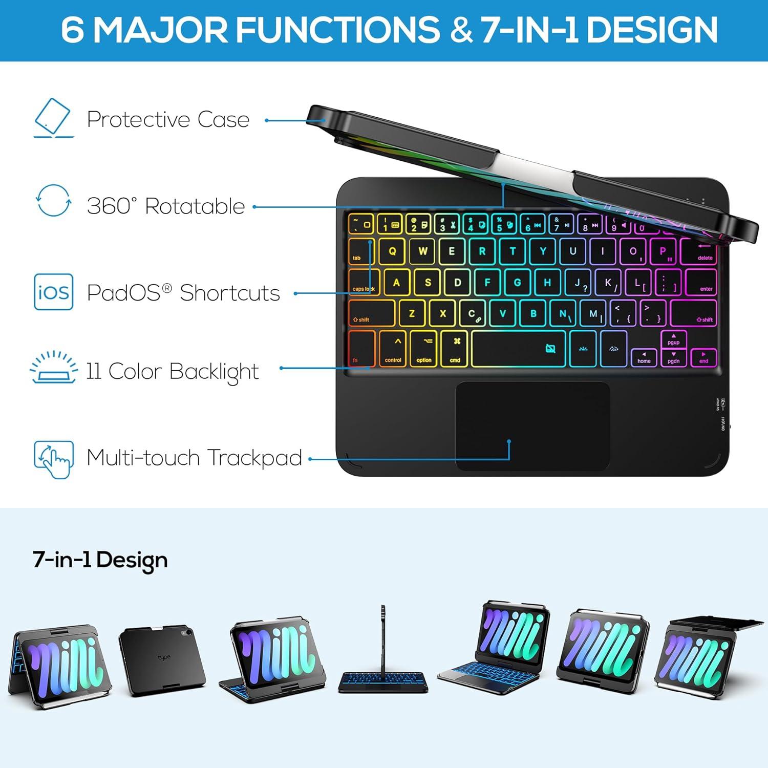 image:imagetypecase Keyboard Case for iPad mini 7 2024 amp Mini 6 2021  Wireless Case with Keyboard for iPad mini 7th 6th Generation 83  11 Colors Backlit Keyboard Cover with Trackpad  BlackBlack