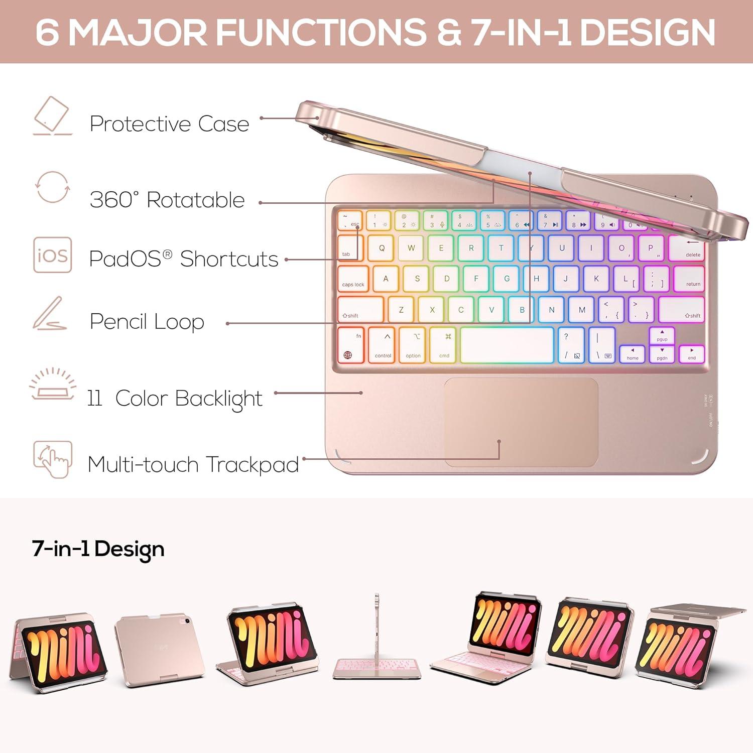 image:imagetypecase Keyboard Case for iPad mini 7 2024 amp Mini 6 2021  Wireless Case with Keyboard for iPad mini 7th 6th Generation 83  11 Colors Backlit Keyboard Cover with Trackpad  BlackRose Gold