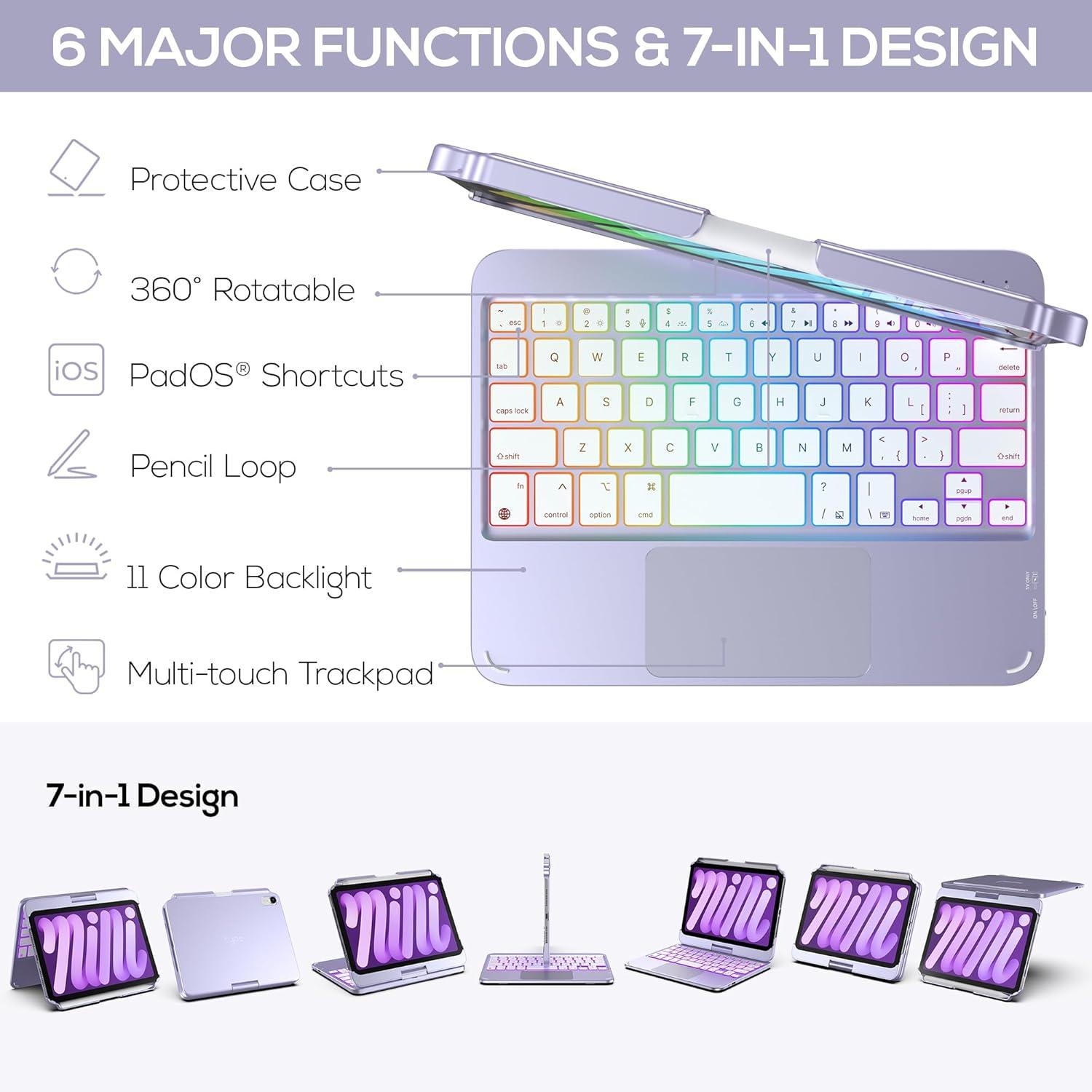 image:imagetypecase Keyboard Case for iPad mini 7 2024 amp Mini 6 2021  Wireless Case with Keyboard for iPad mini 7th 6th Generation 83  11 Colors Backlit Keyboard Cover with Trackpad  BlackLight Purple