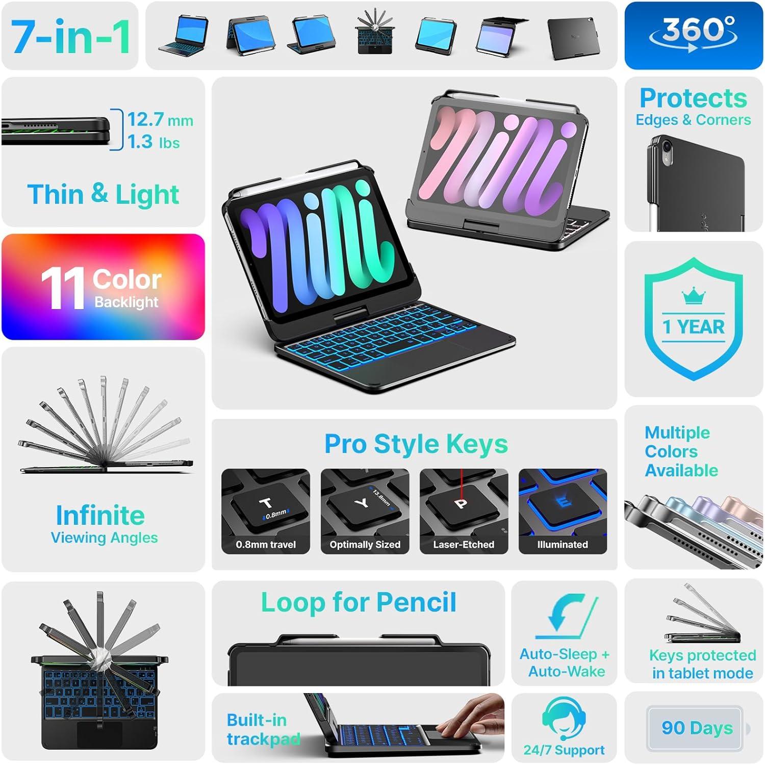 image:imagetypecase Keyboard Case for iPad mini 7 2024 amp Mini 6 2021  Wireless Case with Keyboard for iPad mini 7th 6th Generation 83  11 Colors Backlit Keyboard Cover with Trackpad  BlackBlack