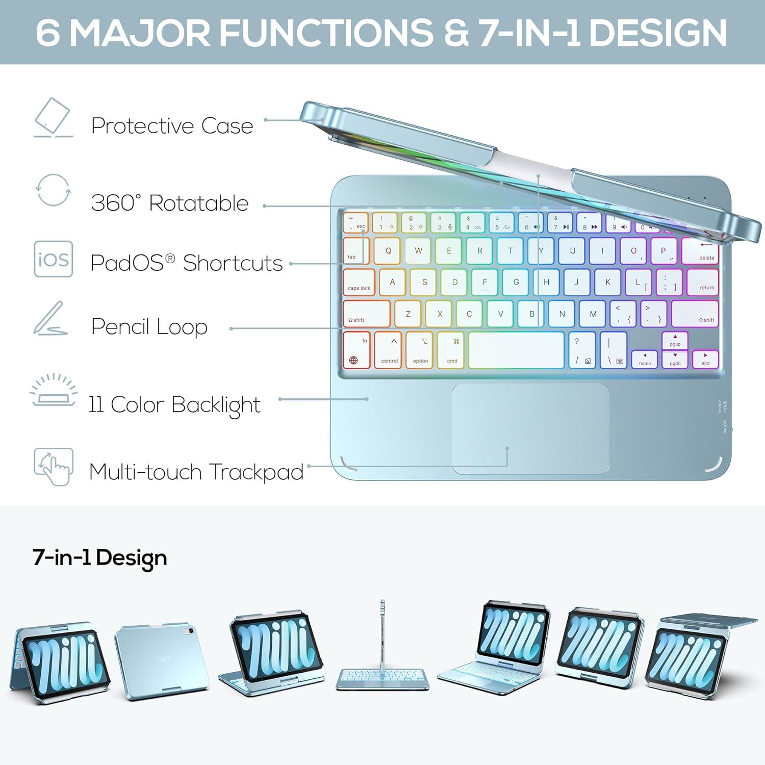 image:imagetypecase Keyboard Case for iPad mini 7 2024 amp Mini 6 2021  Wireless Case with Keyboard for iPad mini 7th 6th Generation 83  11 Colors Backlit Keyboard Cover with Trackpad  BlackLight Blue