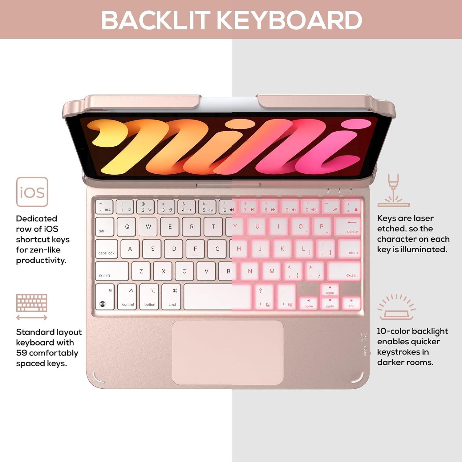 image:imagetypecase Keyboard Case for iPad mini 7 2024 amp Mini 6 2021  Wireless Case with Keyboard for iPad mini 7th 6th Generation 83  11 Colors Backlit Keyboard Cover with Trackpad  BlackRose Gold