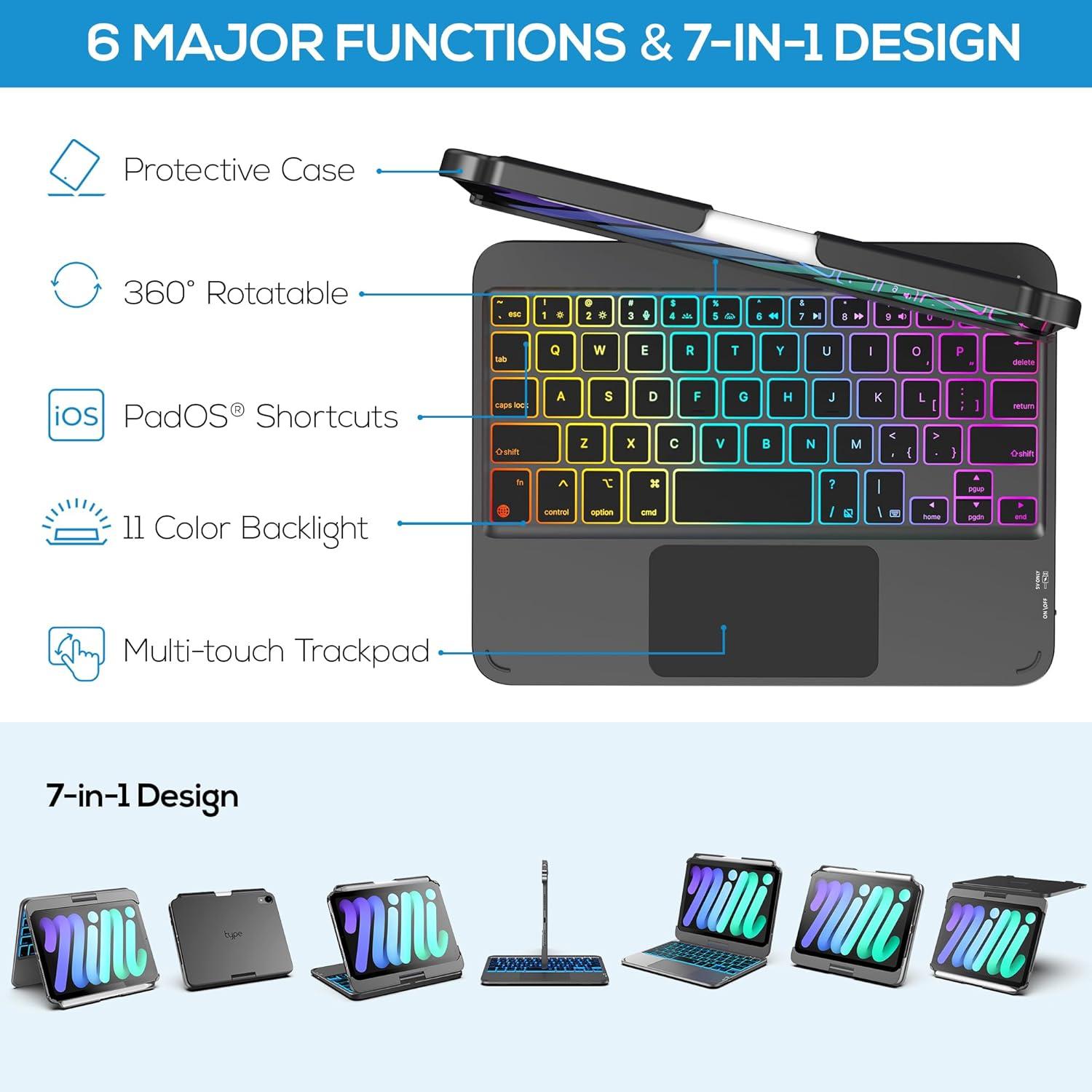 image:imagetypecase Keyboard Case for iPad mini 7 2024 amp Mini 6 2021  Wireless Case with Keyboard for iPad mini 7th 6th Generation 83  11 Colors Backlit Keyboard Cover with Trackpad  BlackDark Gray