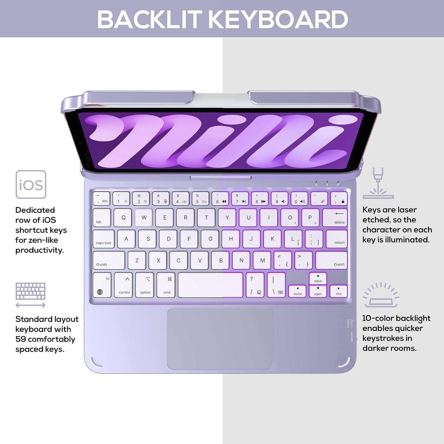 image:imagetypecase Keyboard Case for iPad mini 7 2024 amp Mini 6 2021  Wireless Case with Keyboard for iPad mini 7th 6th Generation 83  11 Colors Backlit Keyboard Cover with Trackpad  BlackLight Purple