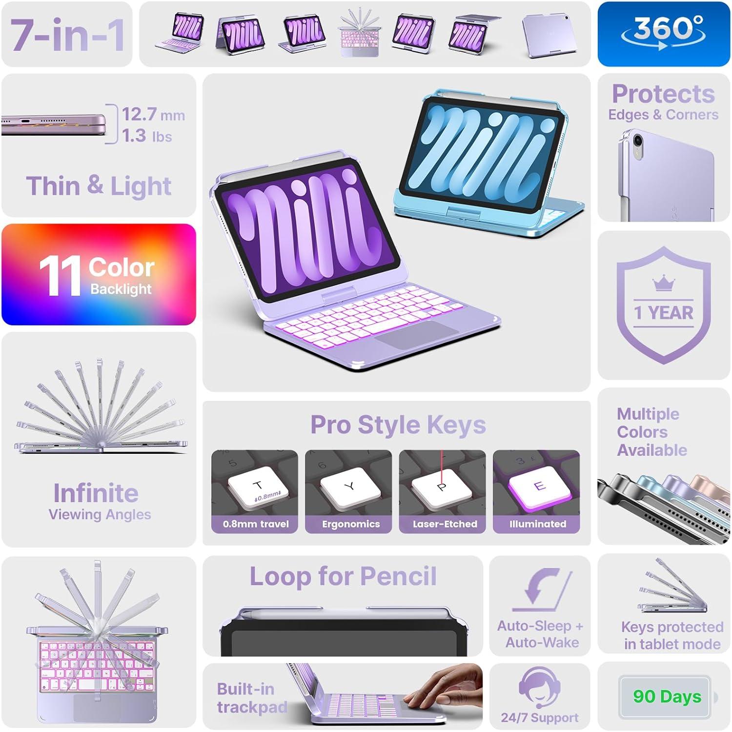 image:imagetypecase Keyboard Case for iPad mini 7 2024 amp Mini 6 2021  Wireless Case with Keyboard for iPad mini 7th 6th Generation 83  11 Colors Backlit Keyboard Cover with Trackpad  BlackLight Purple