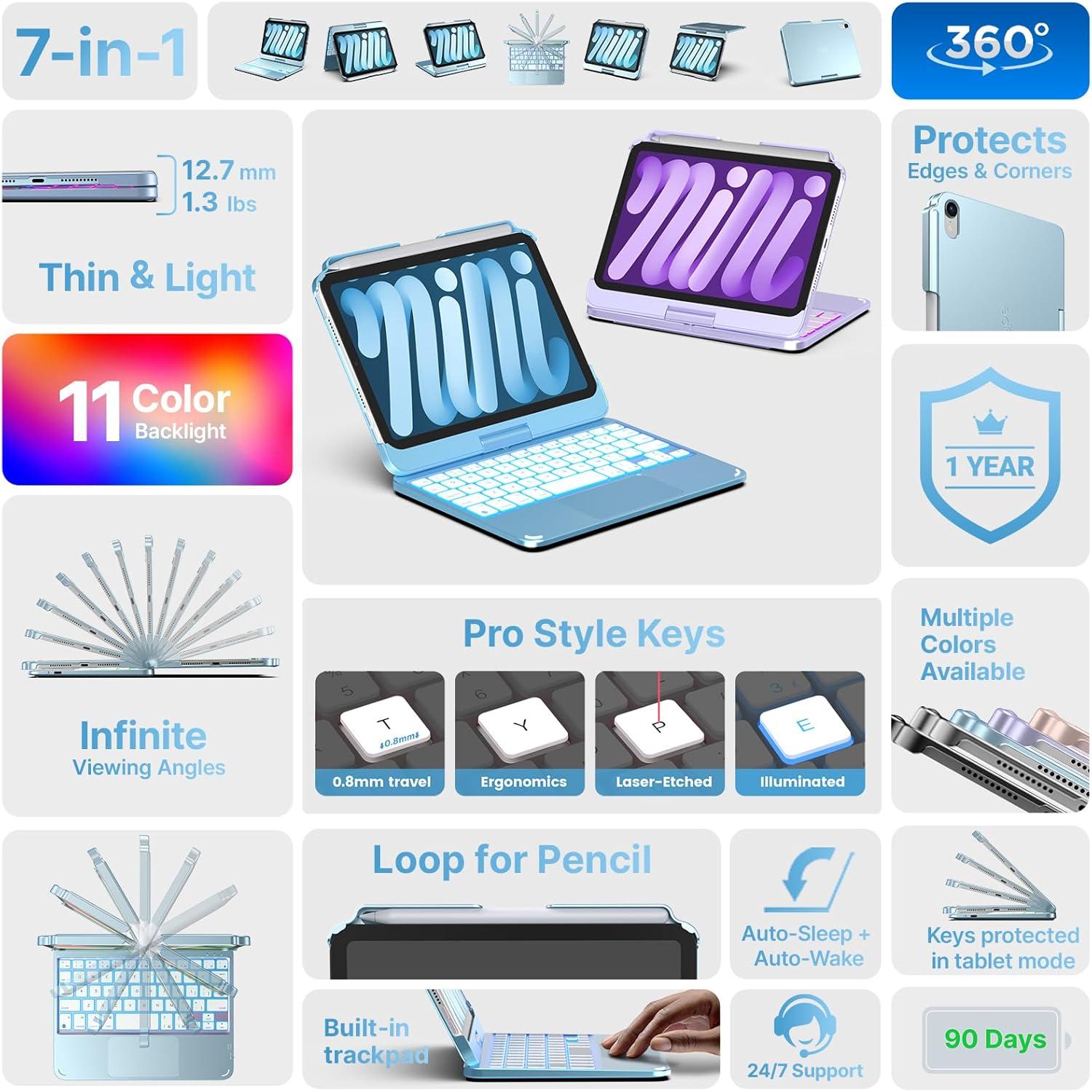 image:imagetypecase Keyboard Case for iPad mini 7 2024 amp Mini 6 2021  Wireless Case with Keyboard for iPad mini 7th 6th Generation 83  11 Colors Backlit Keyboard Cover with Trackpad  BlackLight Blue