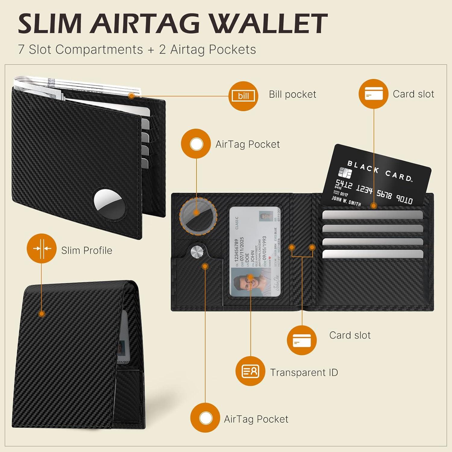 image:imagetypecase Mens Leather Wallet with AirTag Holder Hidden Pocket Compatible with Apple Air TagTop Grain Leather Bifold Slim RFID Blocking  10 Card Capacity  Bill Divider  ID Window BlackCarbon Fiber Black