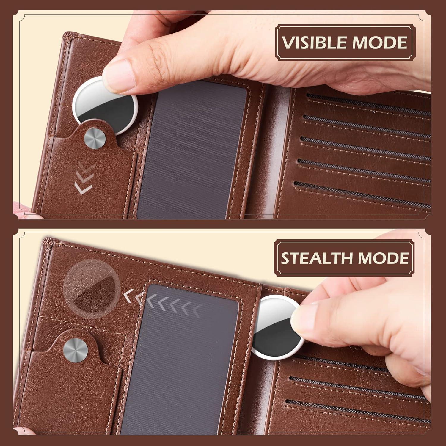 image:imagetypecase Mens Leather Wallet with AirTag Holder Hidden Pocket Compatible with Apple Air TagTop Grain Leather Bifold Slim RFID Blocking  10 Card Capacity  Bill Divider  ID Window BlackOil Wax Brown