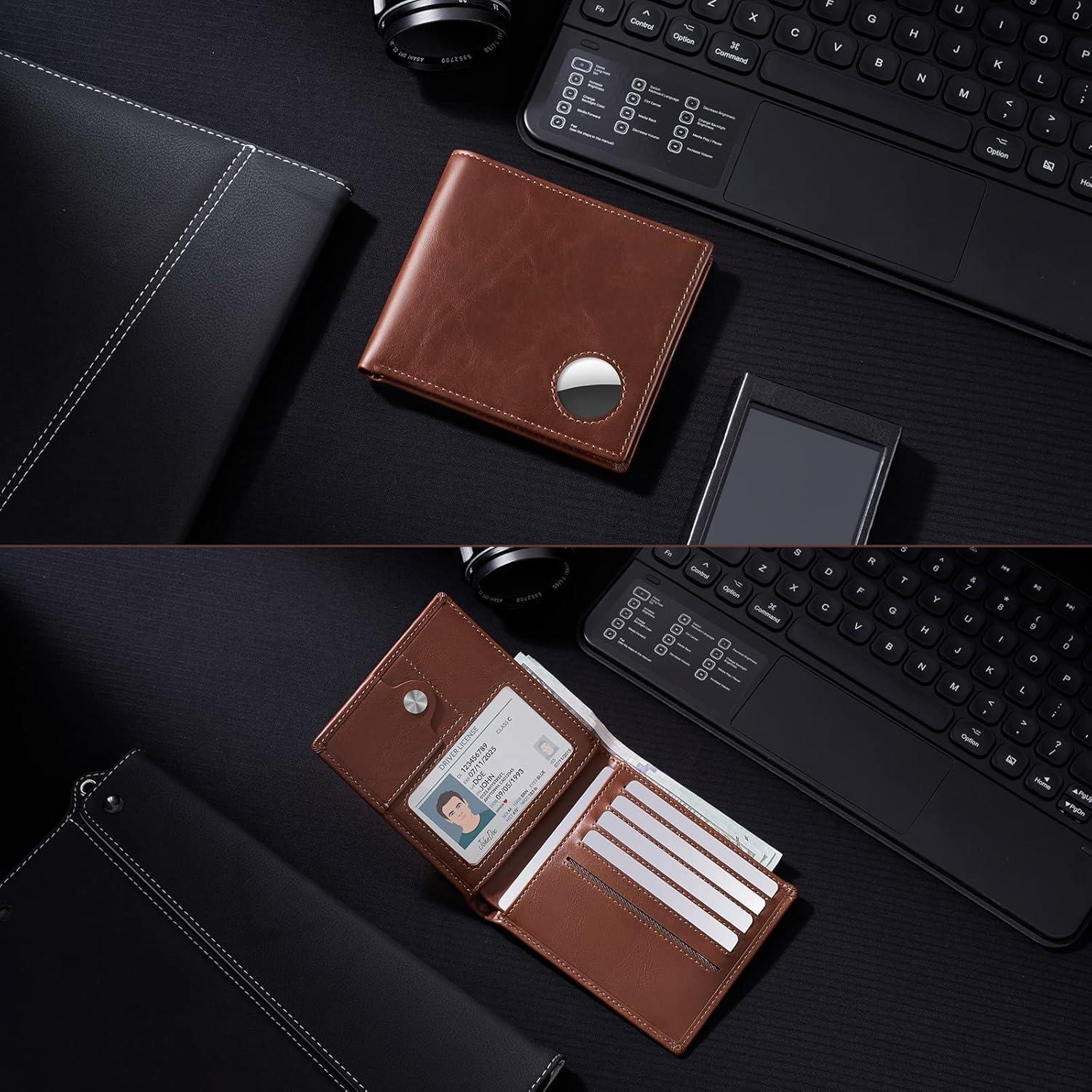 image:imagetypecase Mens Leather Wallet with AirTag Holder Hidden Pocket Compatible with Apple Air TagTop Grain Leather Bifold Slim RFID Blocking  10 Card Capacity  Bill Divider  ID Window BlackOil Wax Brown