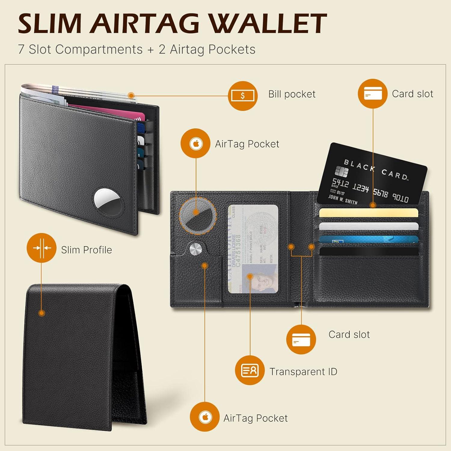 image:imagetypecase Mens Leather Wallet with AirTag Holder Hidden Pocket Compatible with Apple Air TagTop Grain Leather Bifold Slim RFID Blocking  10 Card Capacity  Bill Divider  ID Window BlackBlack