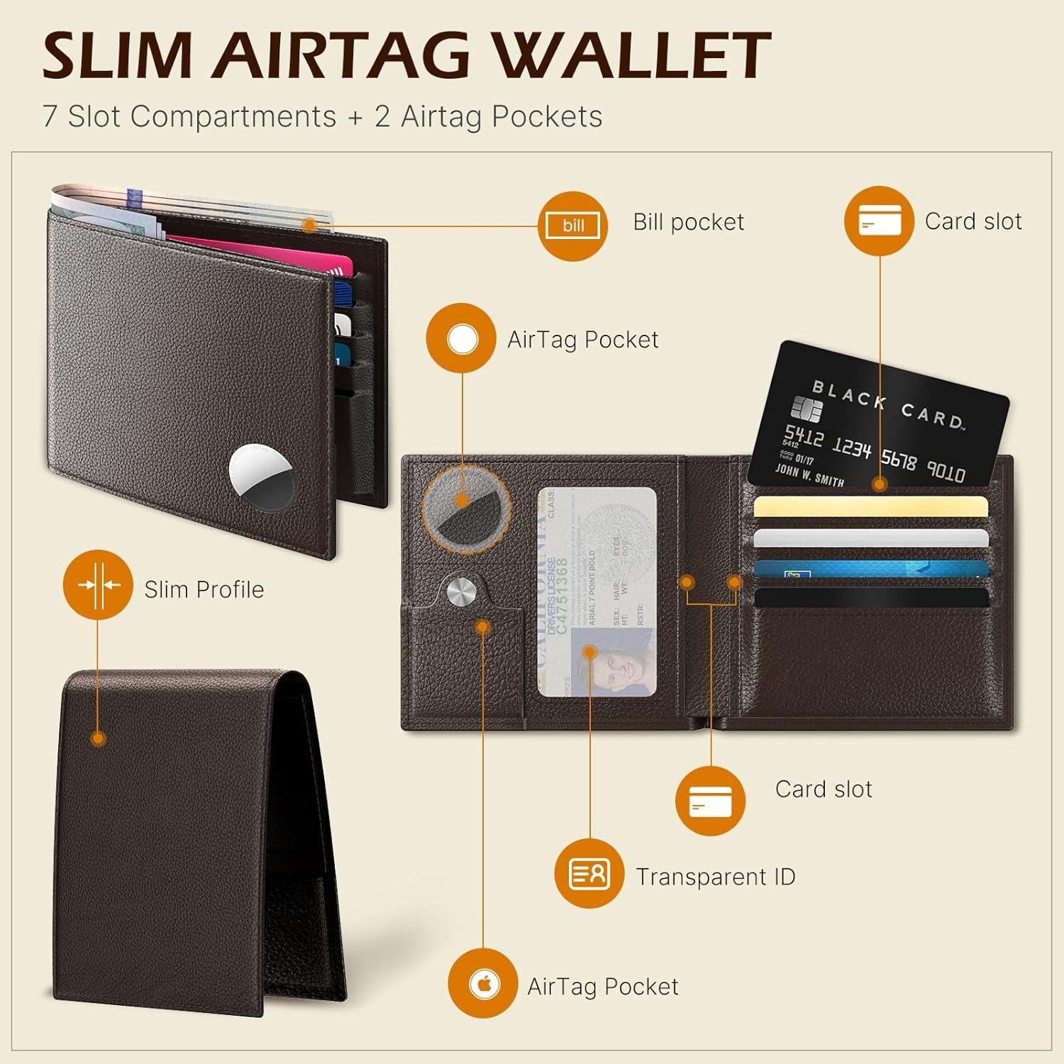 image:imagetypecase Mens Leather Wallet with AirTag Holder Hidden Pocket Compatible with Apple Air TagTop Grain Leather Bifold Slim RFID Blocking  10 Card Capacity  Bill Divider  ID Window BlackBrown