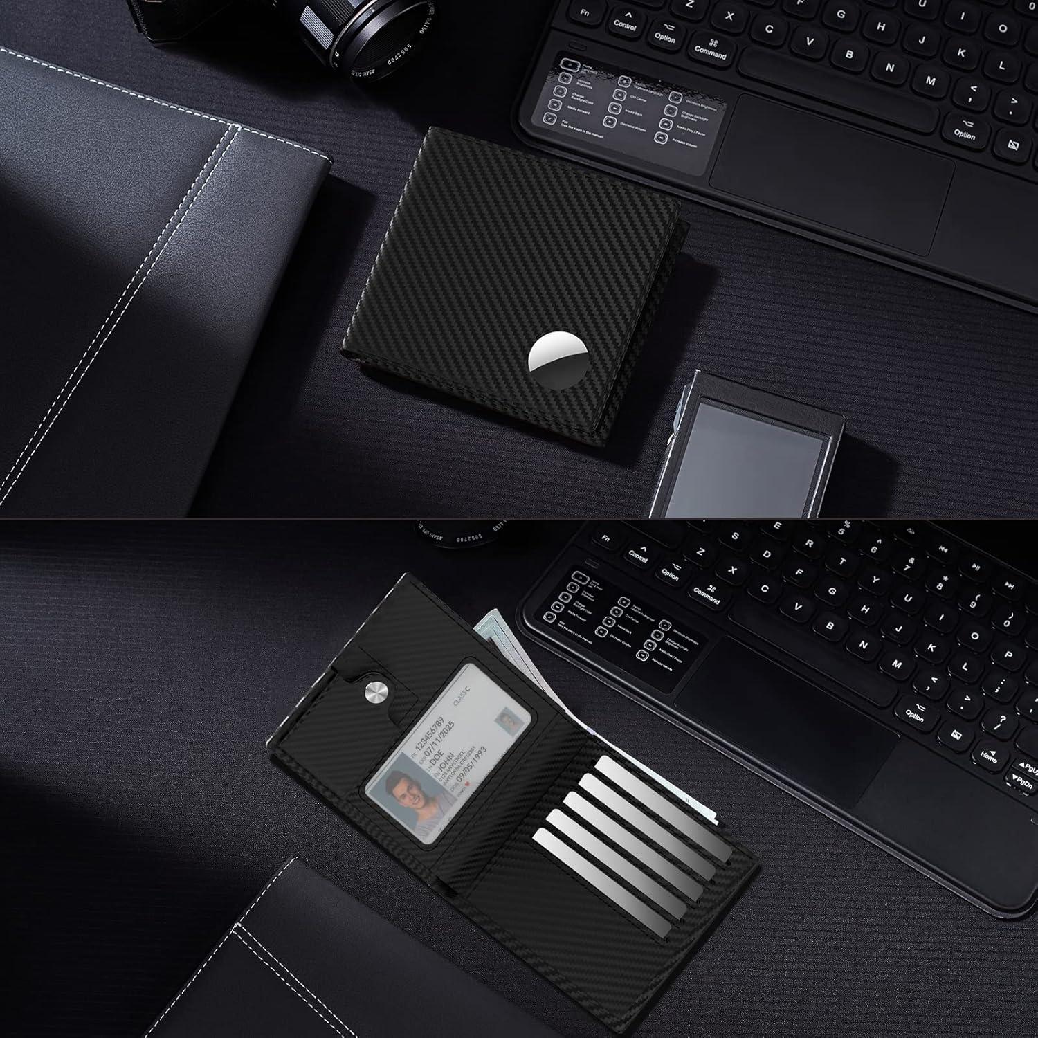 image:imagetypecase Mens Leather Wallet with AirTag Holder Hidden Pocket Compatible with Apple Air TagTop Grain Leather Bifold Slim RFID Blocking  10 Card Capacity  Bill Divider  ID Window BlackCarbon Fiber Black