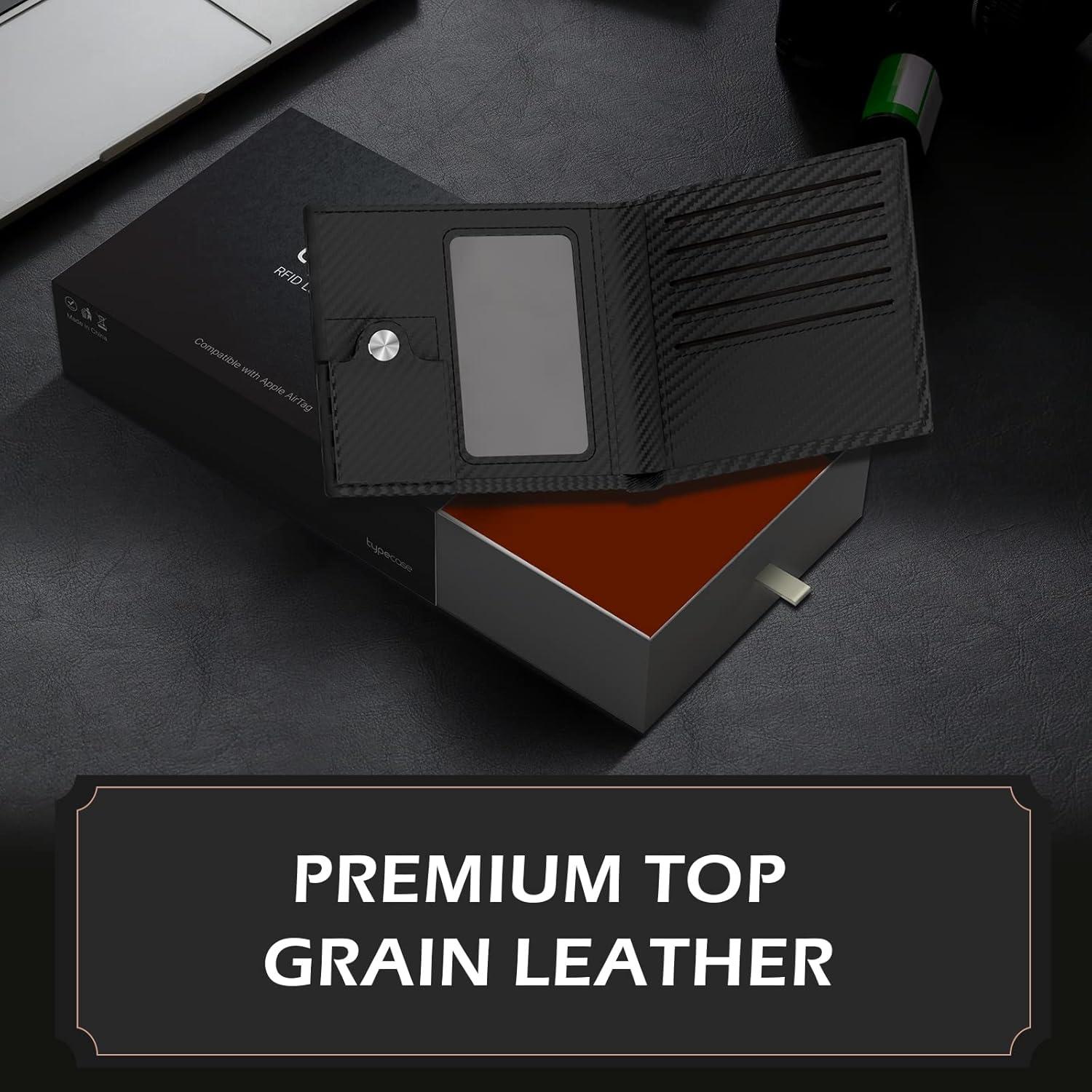image:imagetypecase Mens Leather Wallet with AirTag Holder Hidden Pocket Compatible with Apple Air TagTop Grain Leather Bifold Slim RFID Blocking  10 Card Capacity  Bill Divider  ID Window BlackCarbon Fiber Black