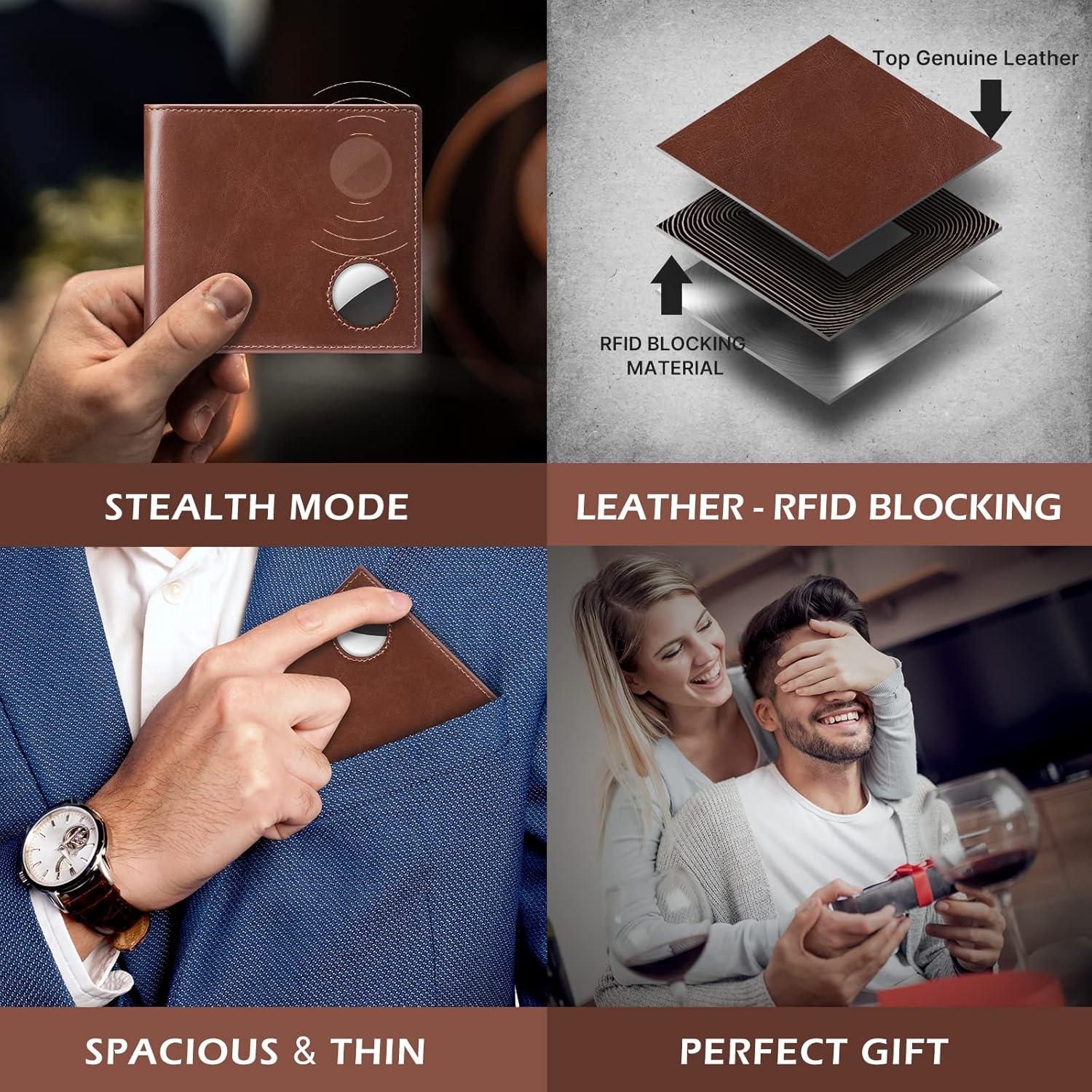 image:imagetypecase Mens Leather Wallet with AirTag Holder Hidden Pocket Compatible with Apple Air TagTop Grain Leather Bifold Slim RFID Blocking  10 Card Capacity  Bill Divider  ID Window BlackOil Wax Brown