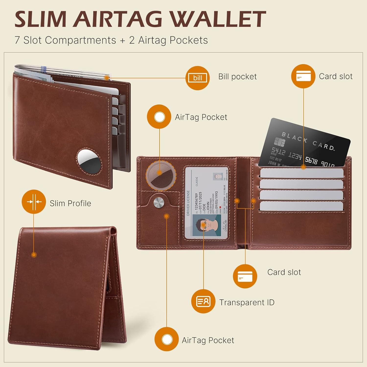 image:imagetypecase Mens Leather Wallet with AirTag Holder Hidden Pocket Compatible with Apple Air TagTop Grain Leather Bifold Slim RFID Blocking  10 Card Capacity  Bill Divider  ID Window BlackOil Wax Brown
