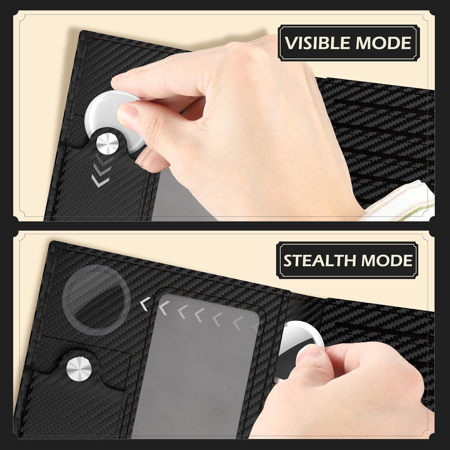 image:imagetypecase Mens Leather Wallet with AirTag Holder Hidden Pocket Compatible with Apple Air TagTop Grain Leather Bifold Slim RFID Blocking  10 Card Capacity  Bill Divider  ID Window BlackCarbon Fiber Black