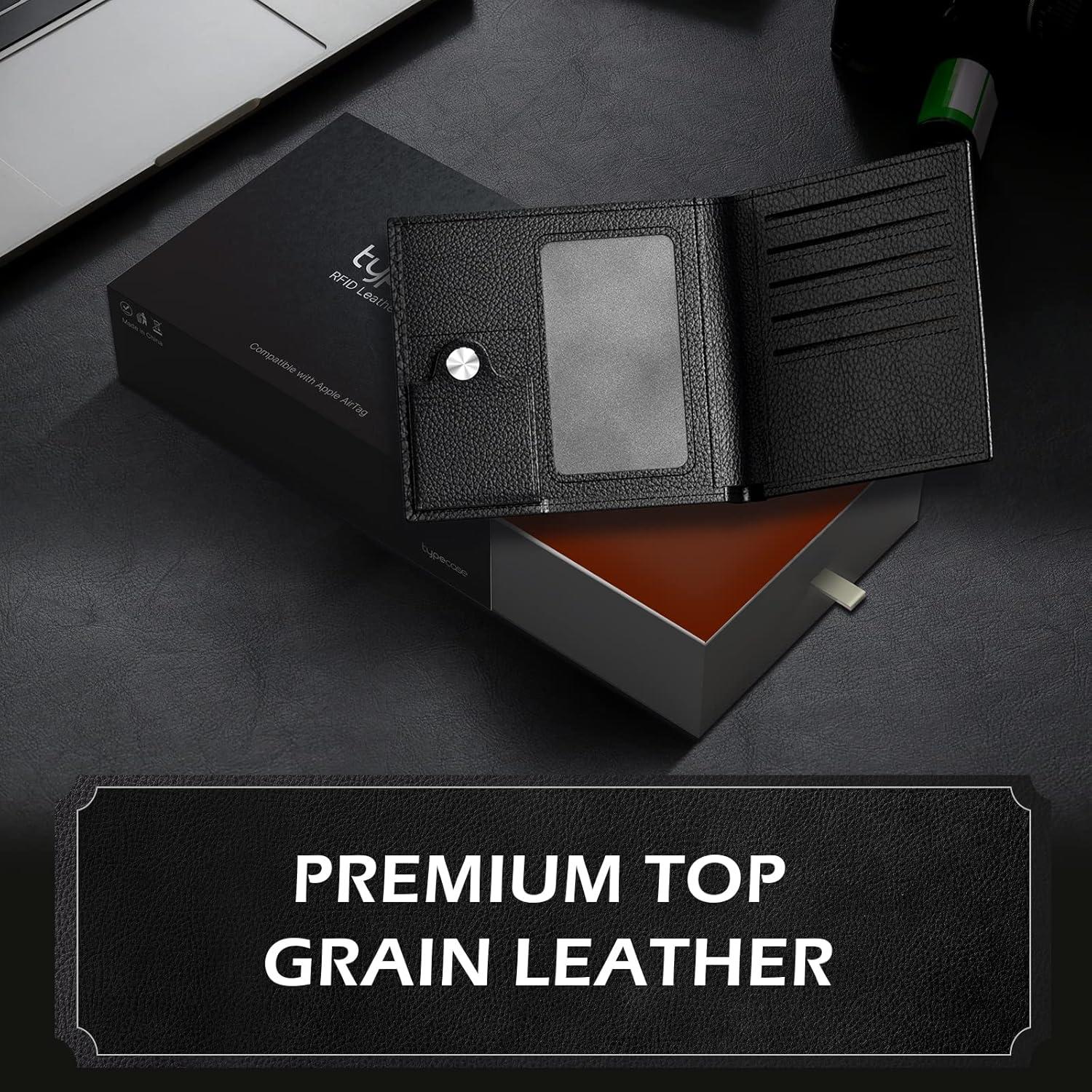 image:imagetypecase Mens Leather Wallet with AirTag Holder Hidden Pocket Compatible with Apple Air TagTop Grain Leather Bifold Slim RFID Blocking  10 Card Capacity  Bill Divider  ID Window BlackBlack