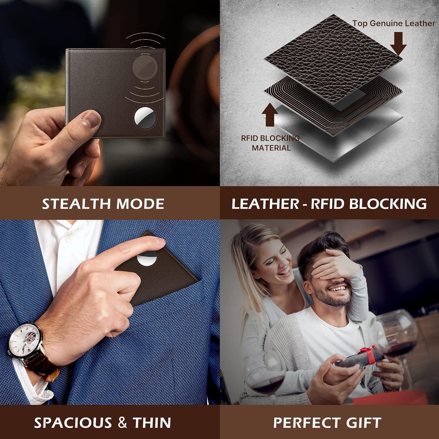 image:imagetypecase Mens Leather Wallet with AirTag Holder Hidden Pocket Compatible with Apple Air TagTop Grain Leather Bifold Slim RFID Blocking  10 Card Capacity  Bill Divider  ID Window BlackBrown