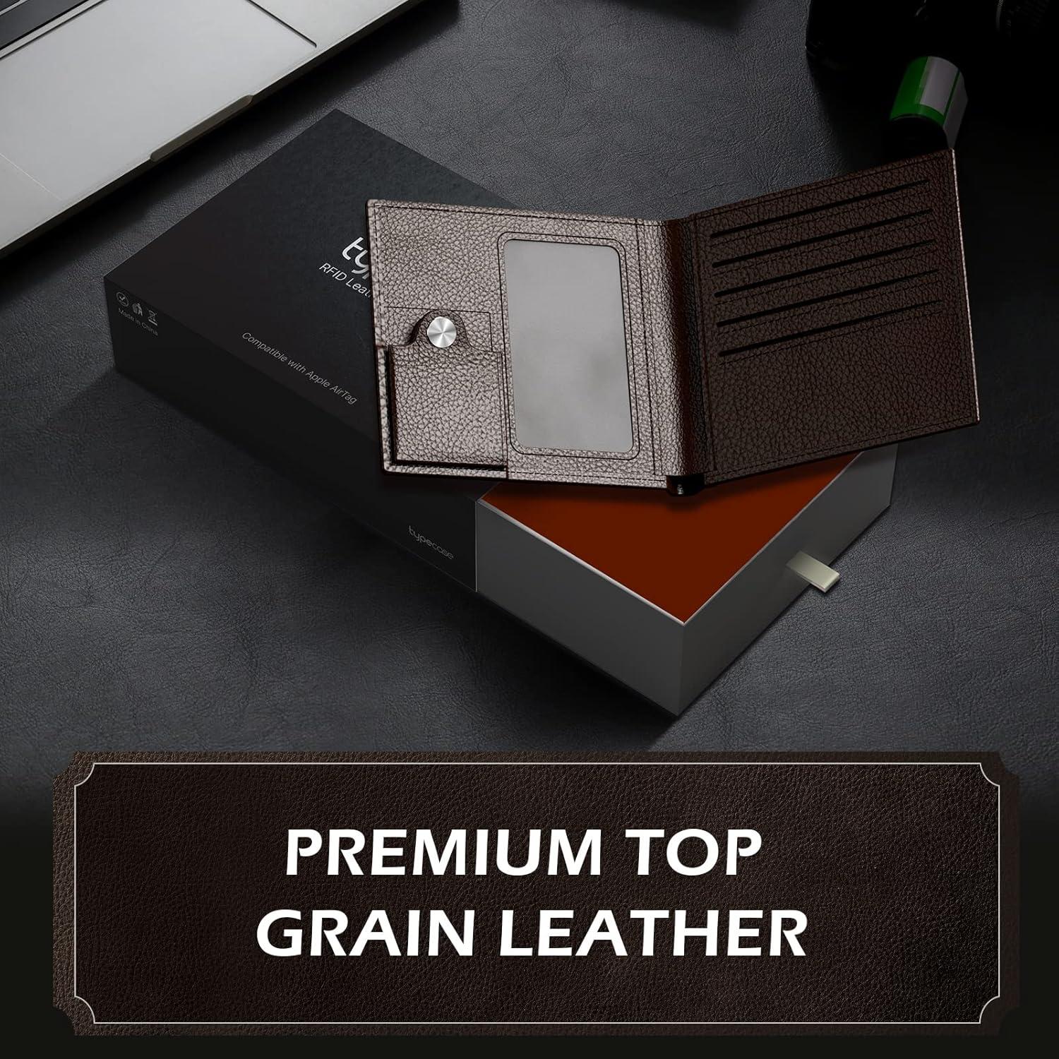 image:imagetypecase Mens Leather Wallet with AirTag Holder Hidden Pocket Compatible with Apple Air TagTop Grain Leather Bifold Slim RFID Blocking  10 Card Capacity  Bill Divider  ID Window BlackBrown