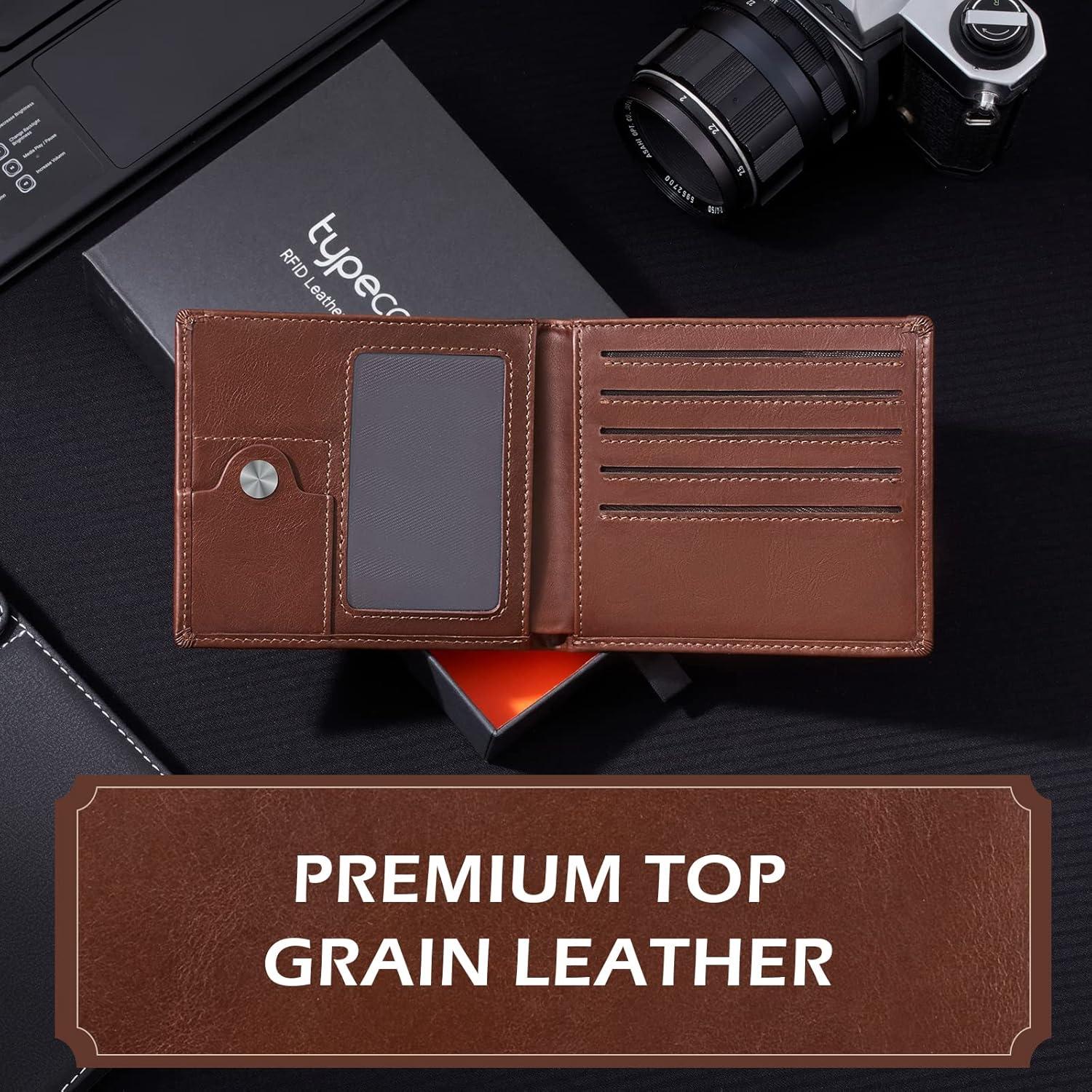 image:imagetypecase Mens Leather Wallet with AirTag Holder Hidden Pocket Compatible with Apple Air TagTop Grain Leather Bifold Slim RFID Blocking  10 Card Capacity  Bill Divider  ID Window BlackOil Wax Brown