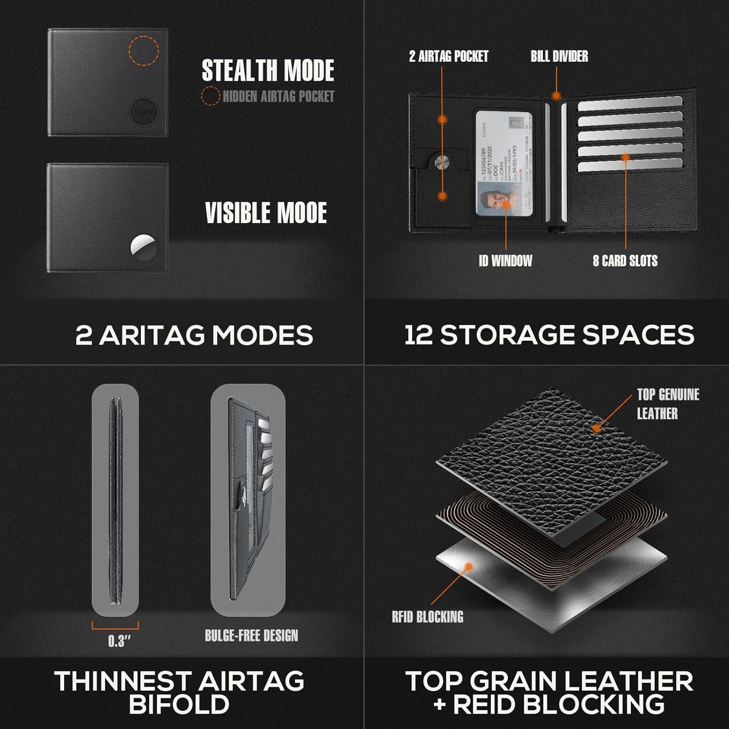 image:imagetypecase Mens Leather Wallet with AirTag Holder Hidden Pocket Compatible with Apple Air TagTop Grain Leather Bifold Slim RFID Blocking  10 Card Capacity  Bill Divider  ID Window BlackBlack
