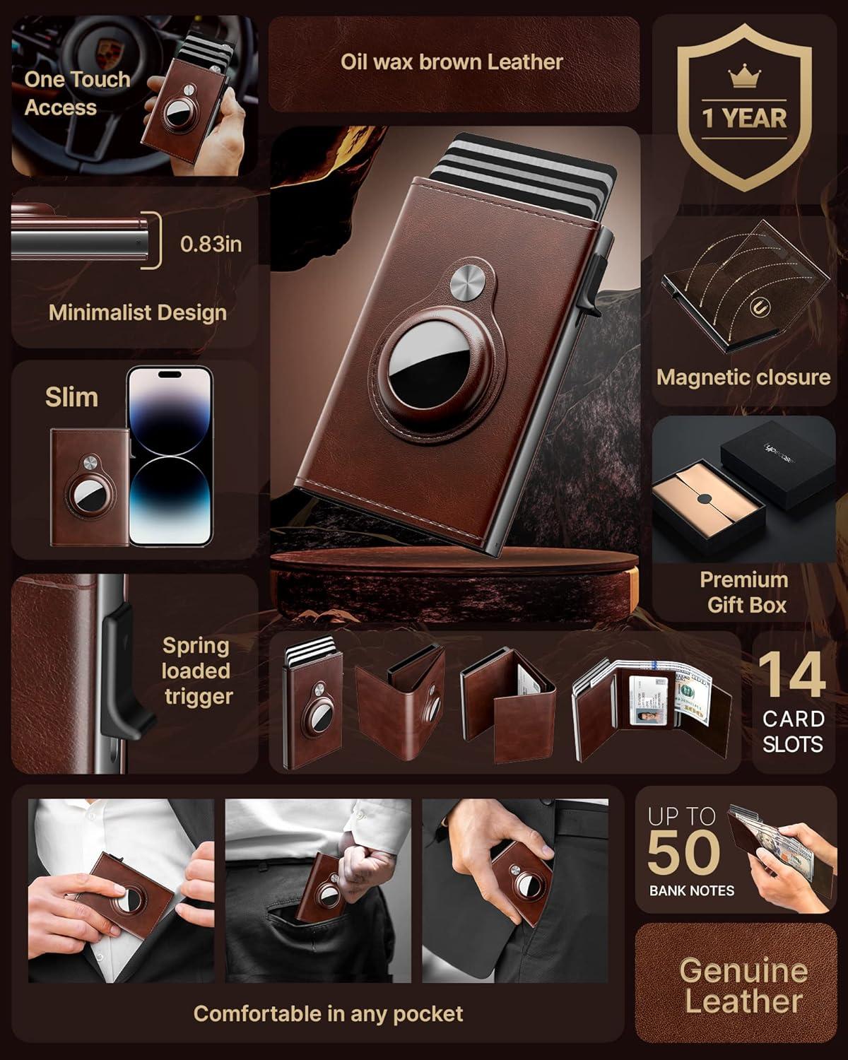 image:imagetypecase Mens Wallet Card Holder for AirTag Leather Smart Wallet for Men Compatible with Apple Air Tag RFID Blocking Slim Minimalist  914 Card Capacity  ID Window  Cash Slot NavyBrown