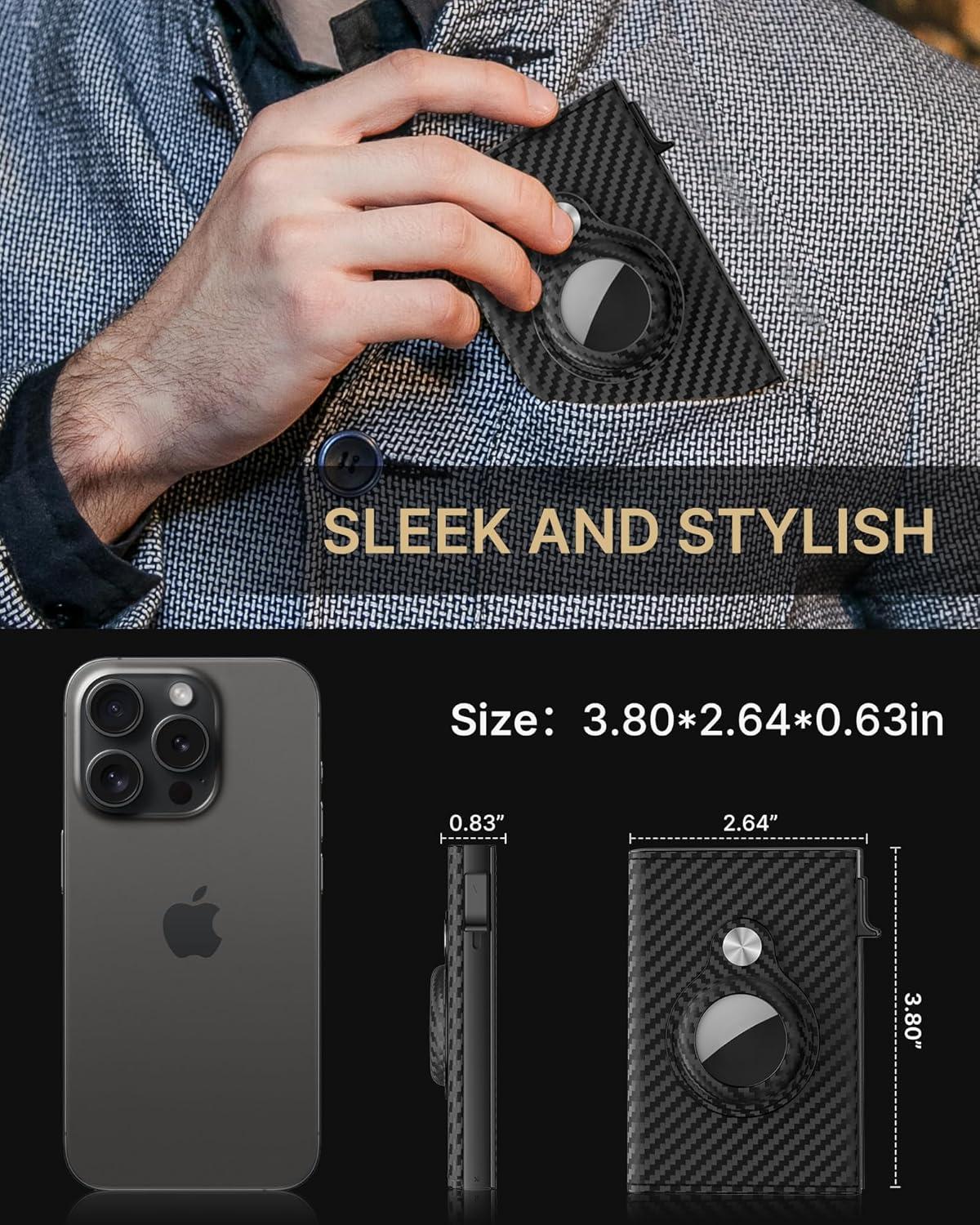 image:imagetypecase Mens Wallet Card Holder for AirTag Leather Smart Wallet for Men Compatible with Apple Air Tag RFID Blocking Slim Minimalist  914 Card Capacity  ID Window  Cash Slot NavyCarbon Fiber Orange