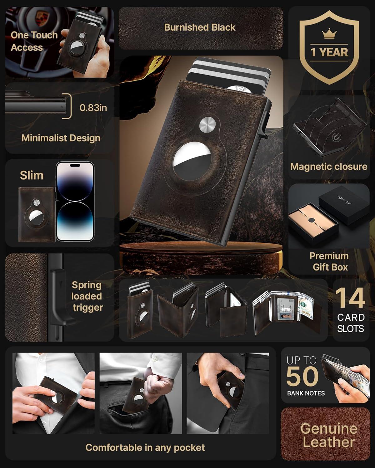 image:imagetypecase Mens Wallet Card Holder for AirTag Leather Smart Wallet for Men Compatible with Apple Air Tag RFID Blocking Slim Minimalist  914 Card Capacity  ID Window  Cash Slot NavyWade Black Vintage