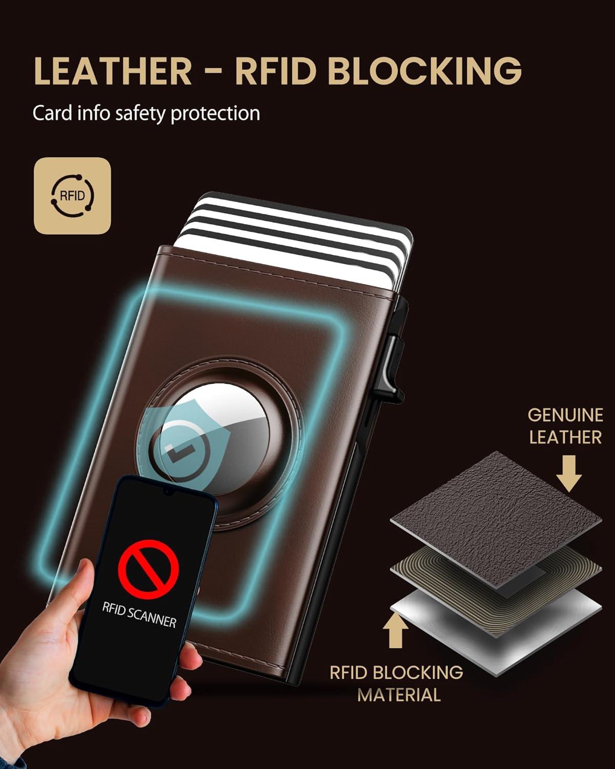 image:imagetypecase Mens Wallet Card Holder for AirTag Leather Smart Wallet for Men Compatible with Apple Air Tag RFID Blocking Slim Minimalist  914 Card Capacity  ID Window  Cash Slot NavyOil Brown