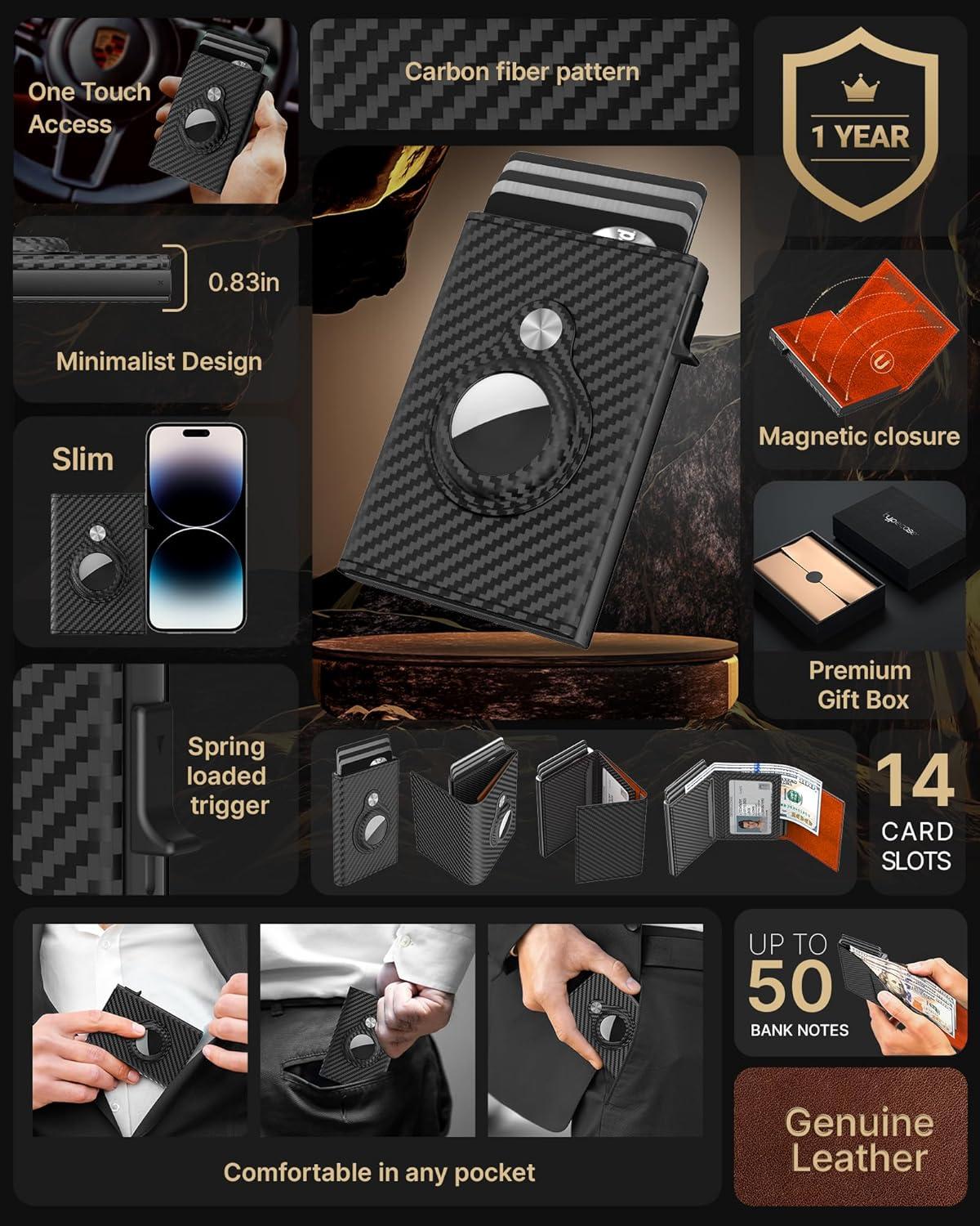 image:imagetypecase Mens Wallet Card Holder for AirTag Leather Smart Wallet for Men Compatible with Apple Air Tag RFID Blocking Slim Minimalist  914 Card Capacity  ID Window  Cash Slot NavyCarbon Fiber Orange