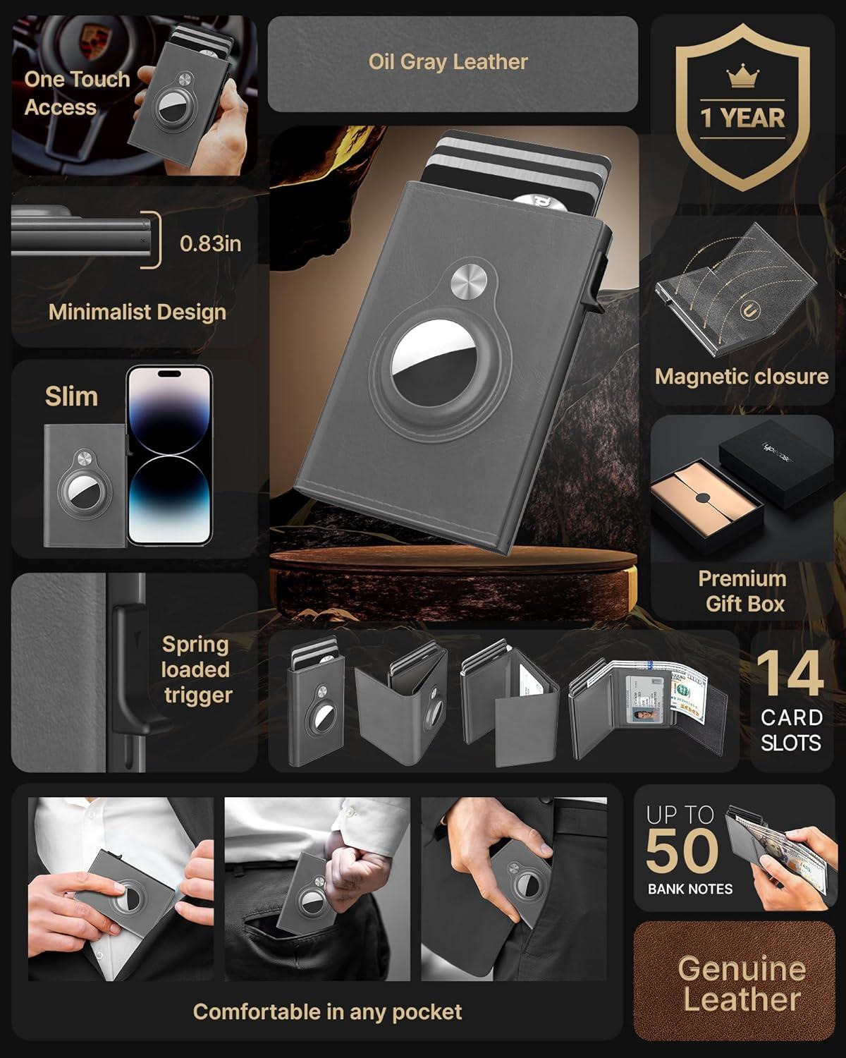 image:imagetypecase Mens Wallet Card Holder for AirTag Leather Smart Wallet for Men Compatible with Apple Air Tag RFID Blocking Slim Minimalist  914 Card Capacity  ID Window  Cash Slot NavyGrey