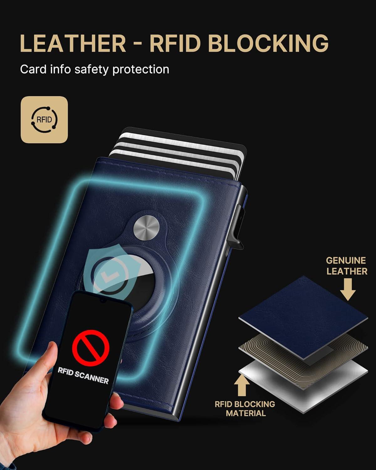 image:imagetypecase Mens Wallet Card Holder for AirTag Leather Smart Wallet for Men Compatible with Apple Air Tag RFID Blocking Slim Minimalist  914 Card Capacity  ID Window  Cash Slot NavyBlue