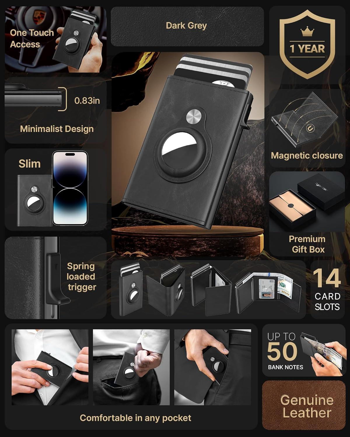 image:imagetypecase Mens Wallet Card Holder for AirTag Leather Smart Wallet for Men Compatible with Apple Air Tag RFID Blocking Slim Minimalist  914 Card Capacity  ID Window  Cash Slot NavyBlack