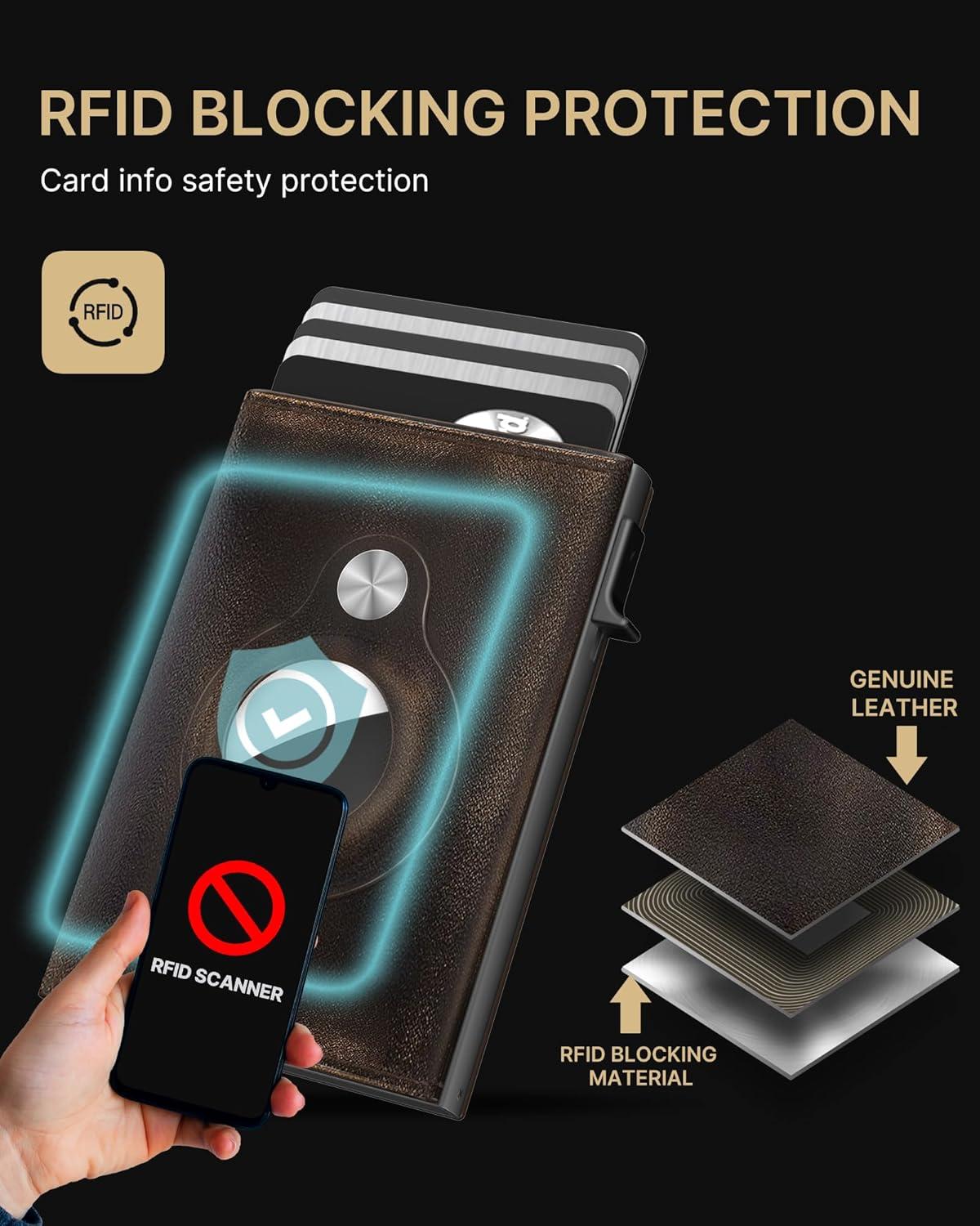 image:imagetypecase Mens Wallet Card Holder for AirTag Leather Smart Wallet for Men Compatible with Apple Air Tag RFID Blocking Slim Minimalist  914 Card Capacity  ID Window  Cash Slot NavyWade Black Vintage