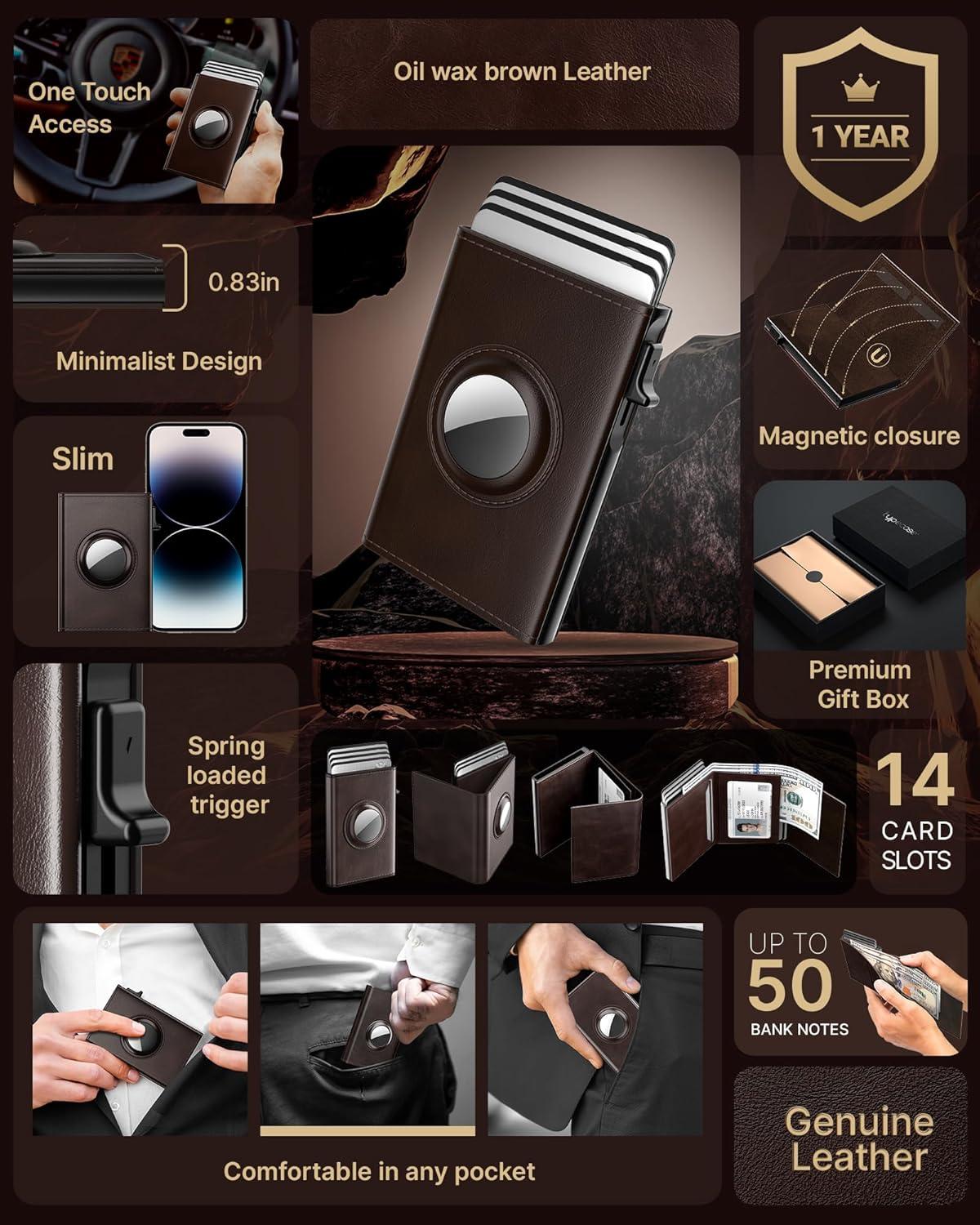 image:imagetypecase Mens Wallet Card Holder for AirTag Leather Smart Wallet for Men Compatible with Apple Air Tag RFID Blocking Slim Minimalist  914 Card Capacity  ID Window  Cash Slot NavyOil Brown