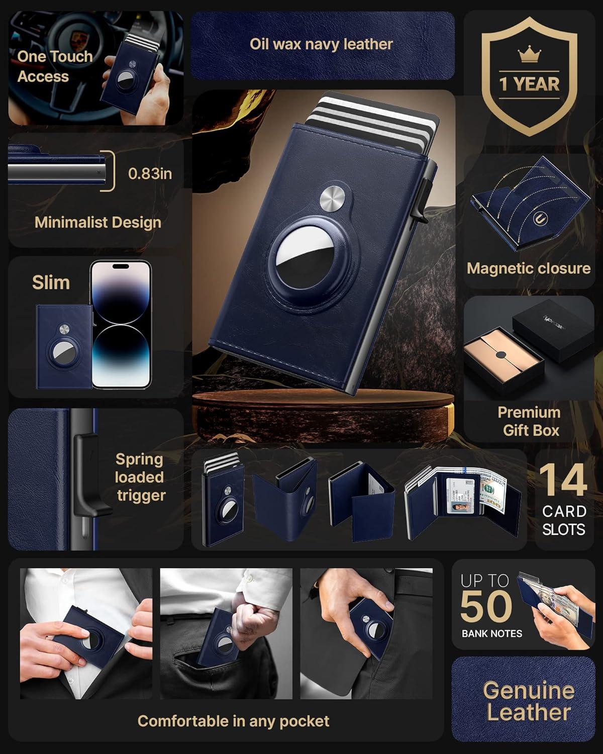 image:imagetypecase Mens Wallet Card Holder for AirTag Leather Smart Wallet for Men Compatible with Apple Air Tag RFID Blocking Slim Minimalist  914 Card Capacity  ID Window  Cash Slot NavyBlue