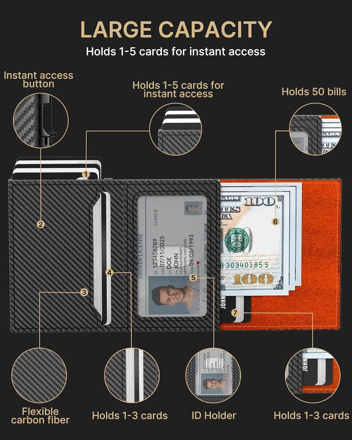 image:imagetypecase Mens Wallet Card Holder for AirTag Leather Smart Wallet for Men Compatible with Apple Air Tag RFID Blocking Slim Minimalist  914 Card Capacity  ID Window  Cash Slot NavyCarbon Fiber Orange