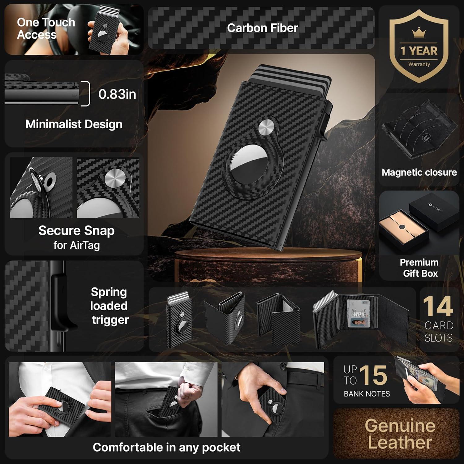 image:imagetypecase Mens Wallet Card Holder for AirTag Leather Smart Wallet for Men Compatible with Apple Air Tag RFID Blocking Slim Minimalist  914 Card Capacity  ID Window  Cash Slot NavyCarbon Fiber Black