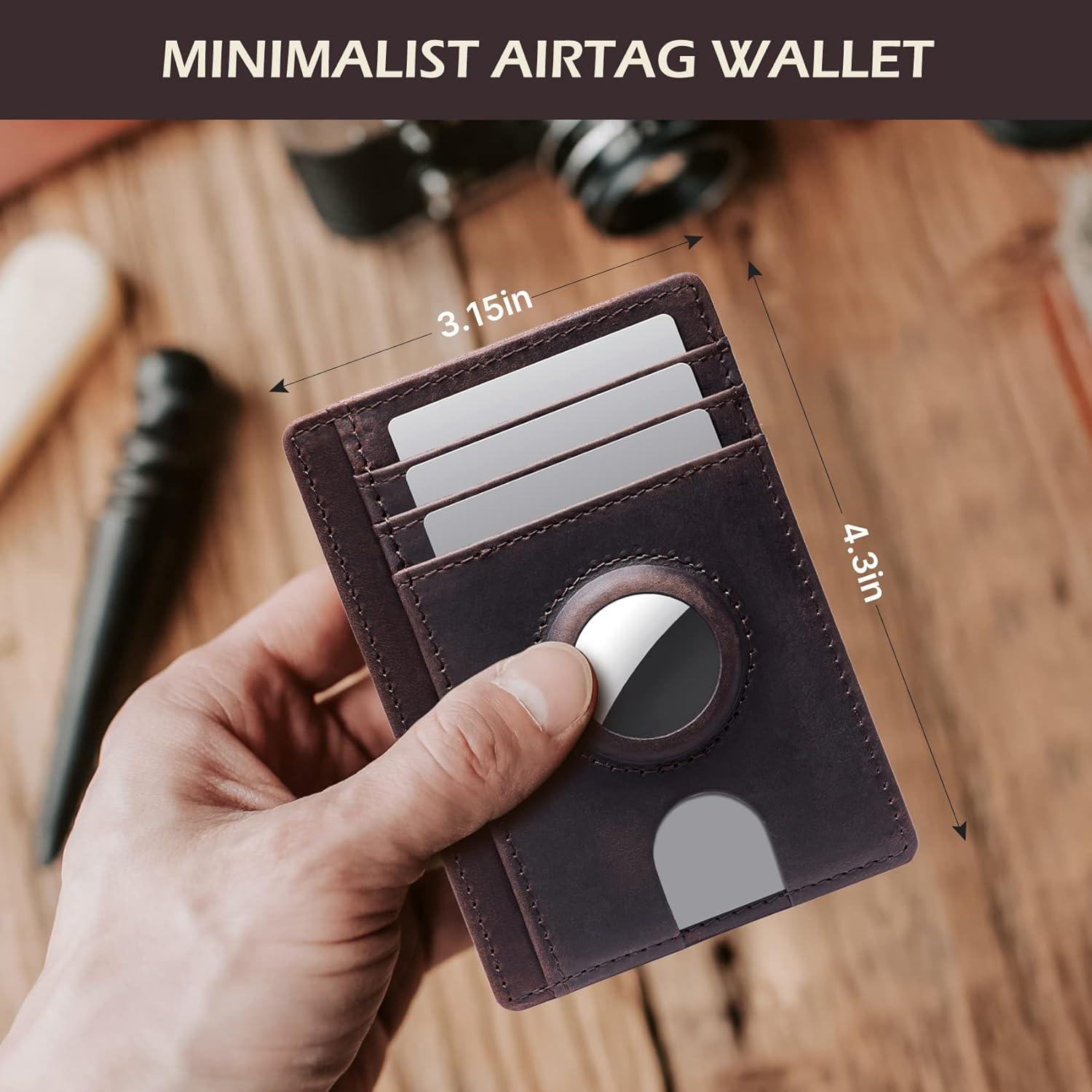image:imagetypecase Slim Minimalist Airtag Card Wallet for Men Front Pocket Premium Crazy Horse Leather Wallet with Airtag Holder RFID Blocking Cash Credit Card Wallet Compatible with AirTag BlackDark Brown