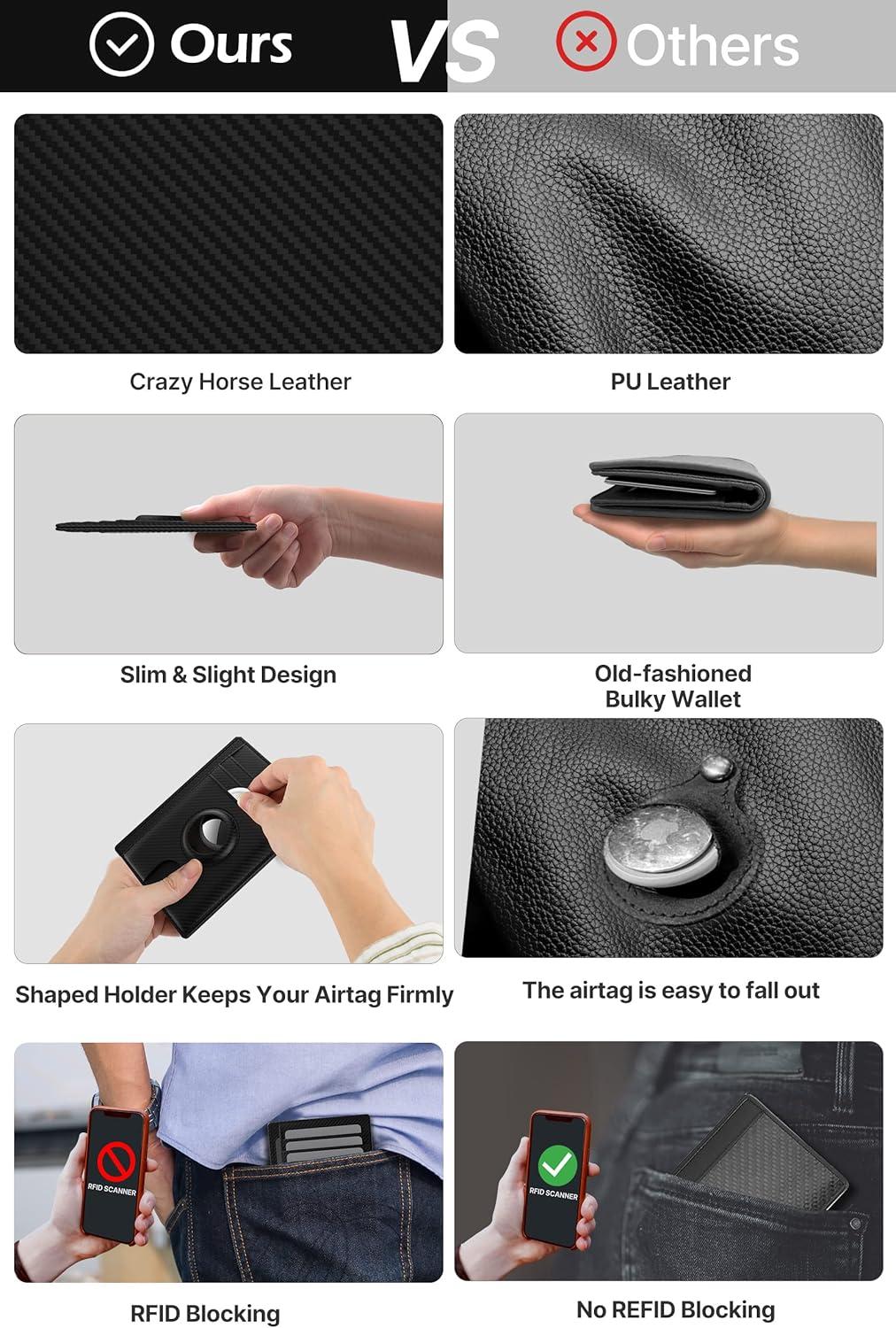 image:imagetypecase Slim Minimalist Airtag Card Wallet for Men Front Pocket Premium Crazy Horse Leather Wallet with Airtag Holder RFID Blocking Cash Credit Card Wallet Compatible with AirTag BlackCarbon Fiber Black