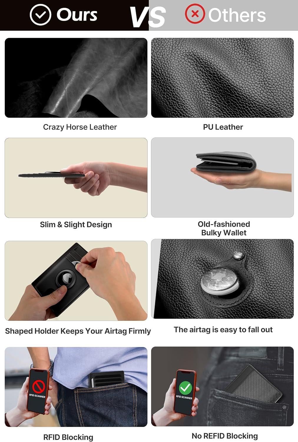 image:imagetypecase Slim Minimalist Airtag Card Wallet for Men Front Pocket Premium Crazy Horse Leather Wallet with Airtag Holder RFID Blocking Cash Credit Card Wallet Compatible with AirTag BlackBlack