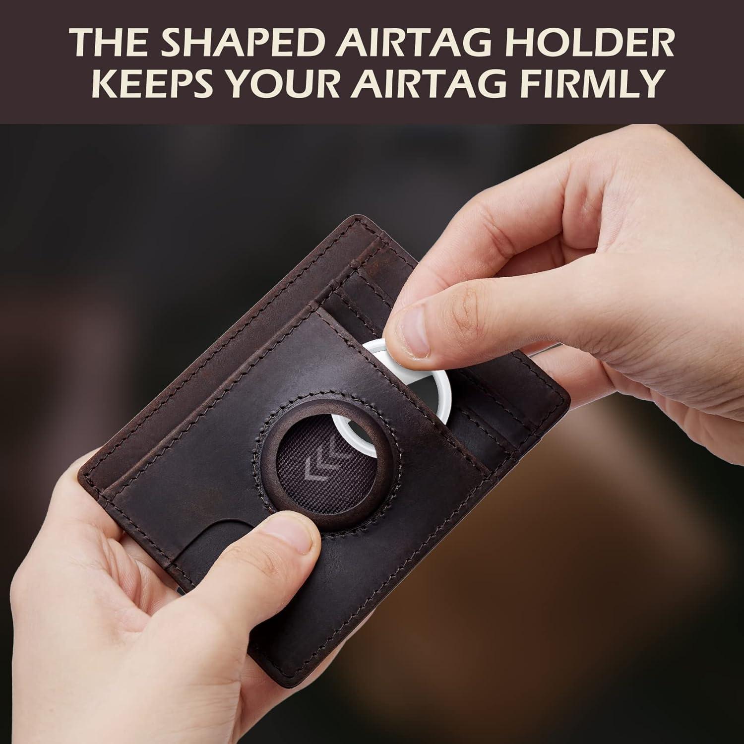 image:imagetypecase Slim Minimalist Airtag Card Wallet for Men Front Pocket Premium Crazy Horse Leather Wallet with Airtag Holder RFID Blocking Cash Credit Card Wallet Compatible with AirTag BlackDark Brown