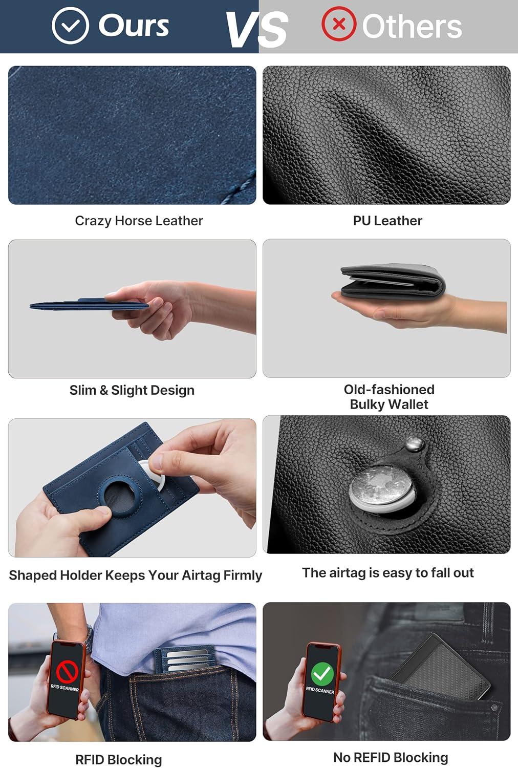 image:imagetypecase Slim Minimalist Airtag Card Wallet for Men Front Pocket Premium Crazy Horse Leather Wallet with Airtag Holder RFID Blocking Cash Credit Card Wallet Compatible with AirTag BlackBlue